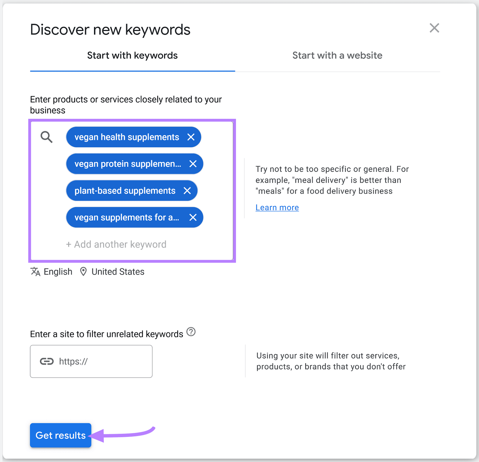 "Get results" button highlighted at the bottom of "Discover new keywords" window