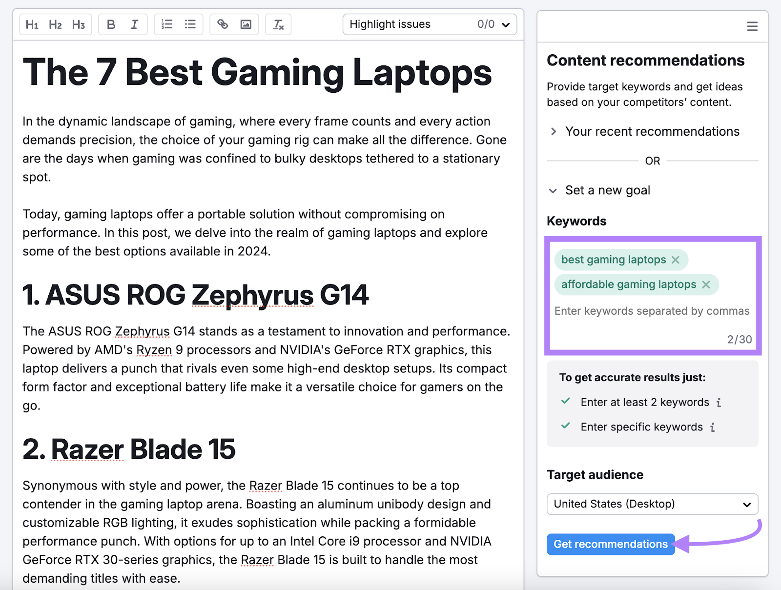 draft for best gaming laptops pasted into tool with keyword targets entered