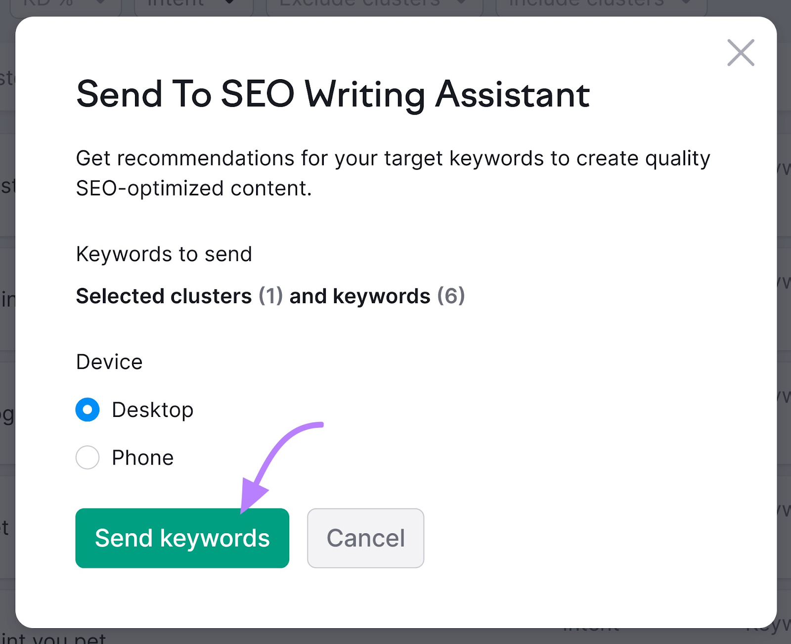 "Send to SEO Writing Assistant" pop-up window