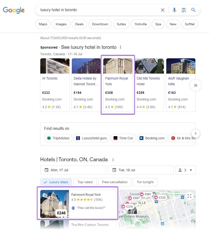 Google SERP for "luxury hotel in toronto" ranks Fairmont highly