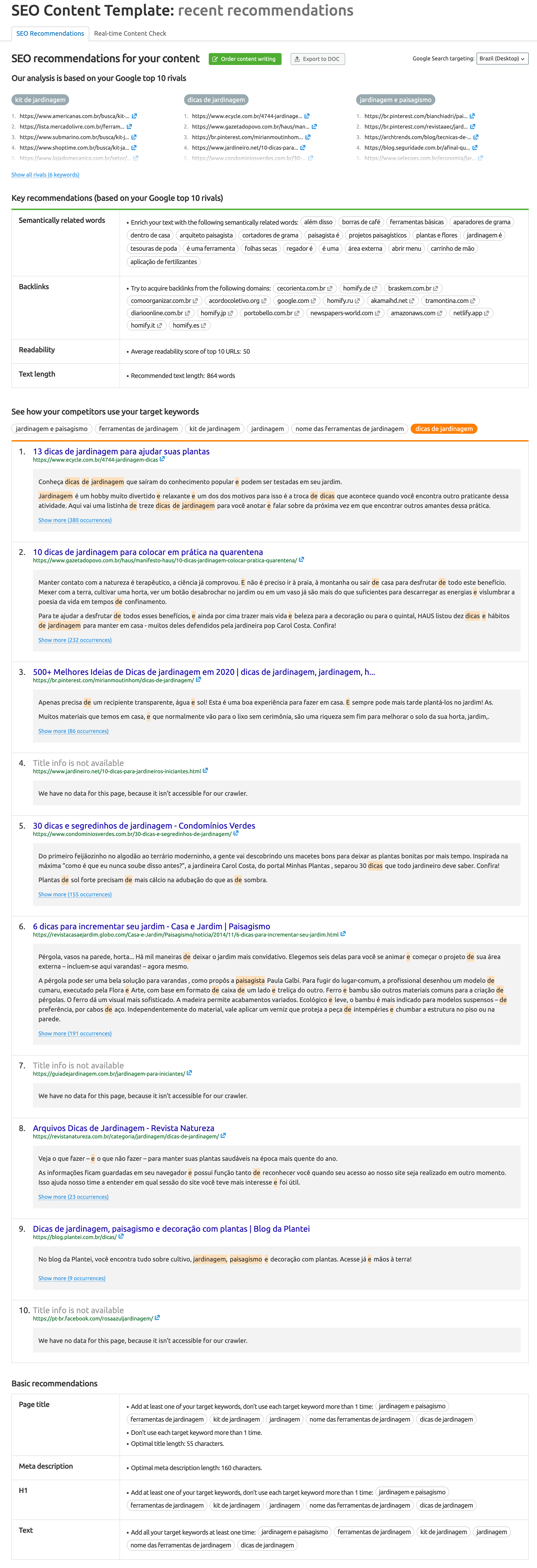 SEMrush SEO content template screenshot