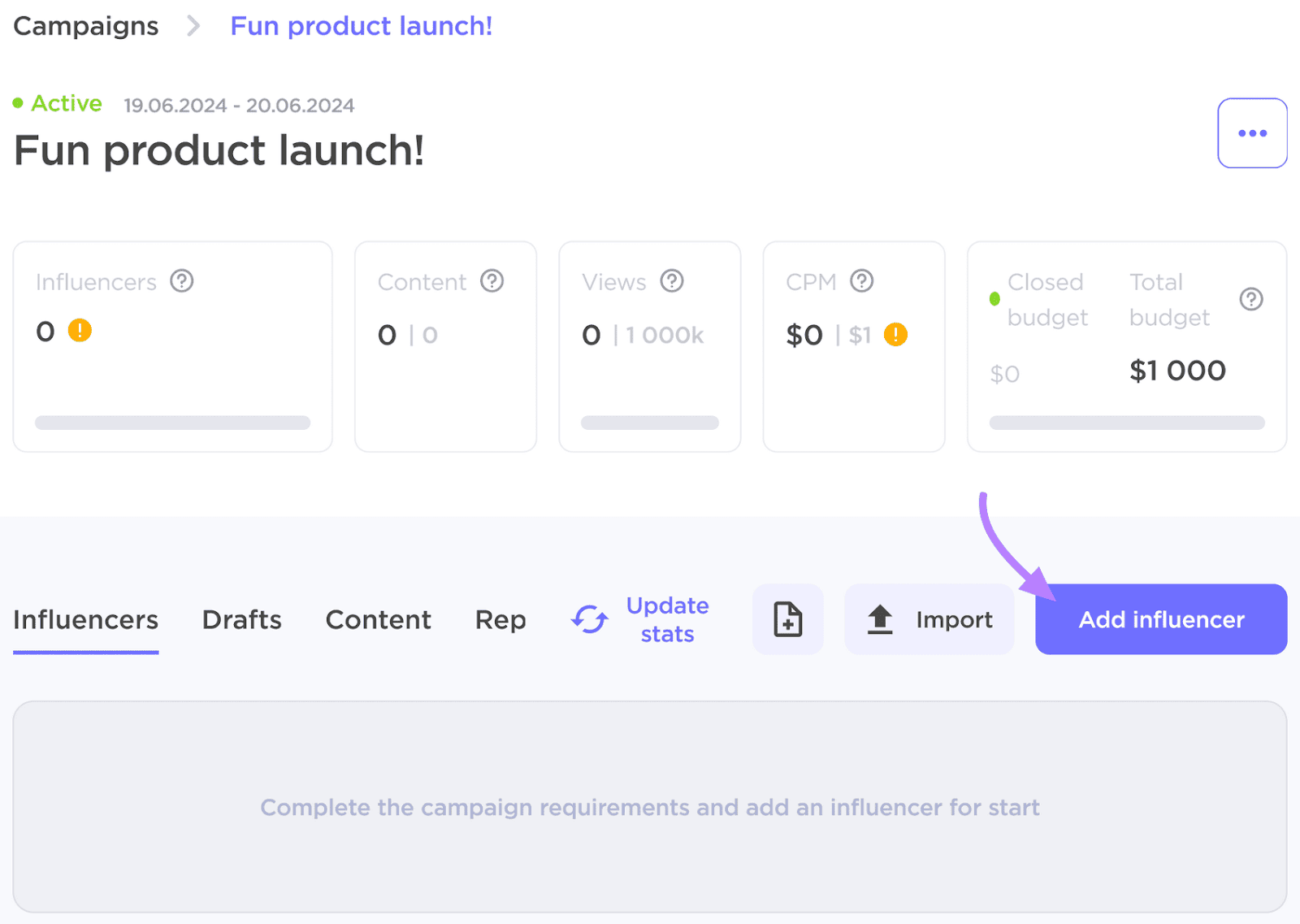 Influencer Analytics run  absorption   UI showing an progressive  run  with metric cards and options to adhd  influencers.