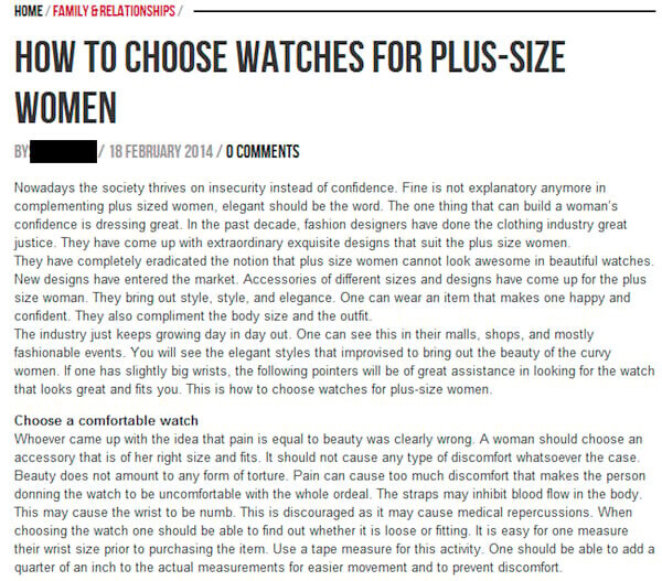 an example of a poorly written article on "how to choose watched for plus-size women"
