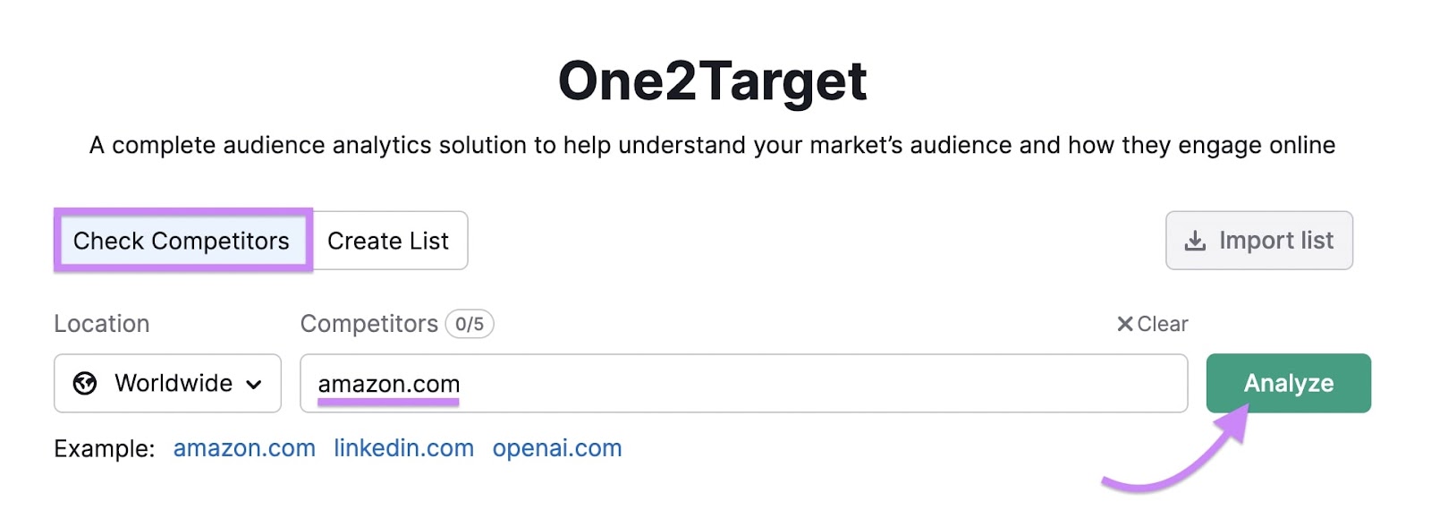 "amazon.com" entered into the One2Target tool