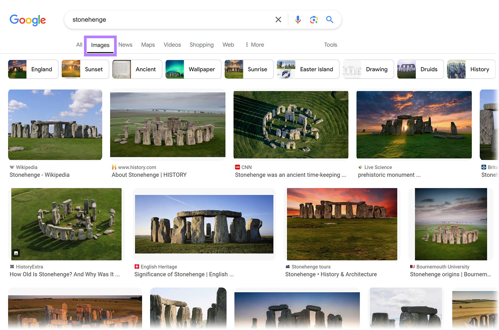 Google search results for 'stonehenge' with the Images tab selected and highlighted