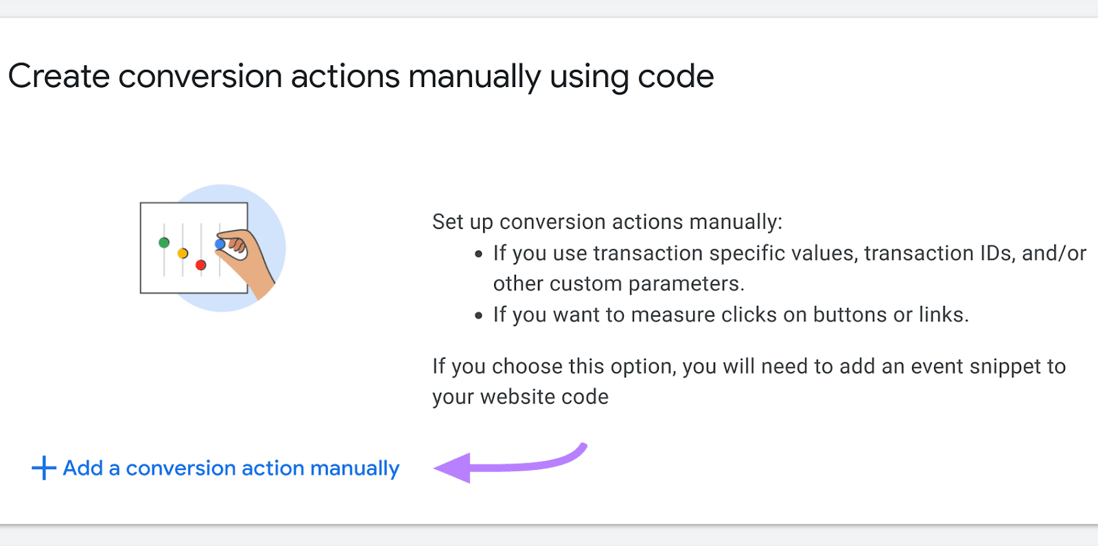 “Add a conversion action manually" button highlighted