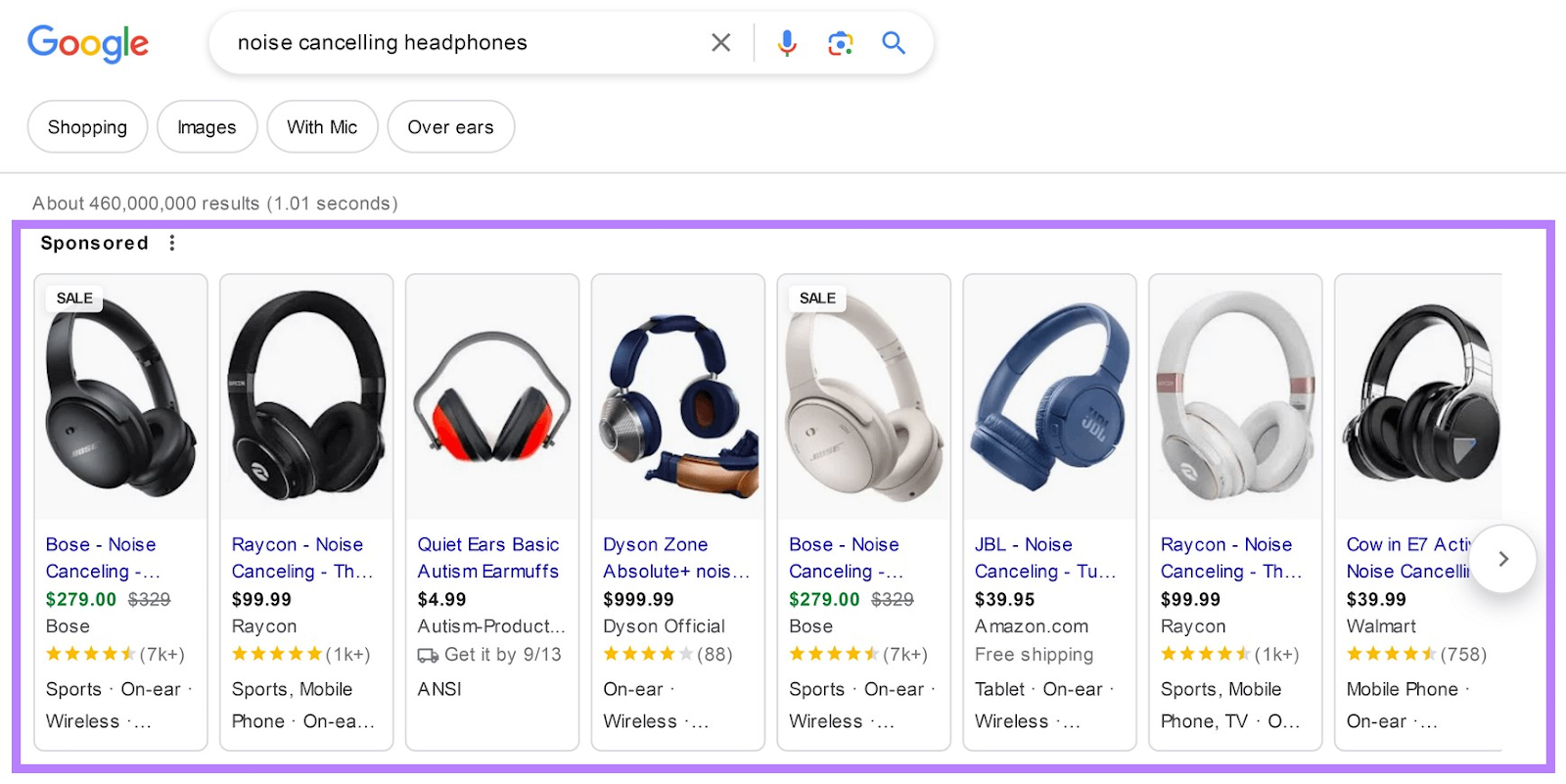 Shopping ads in Google SERP for "noise cancelling headphones" query