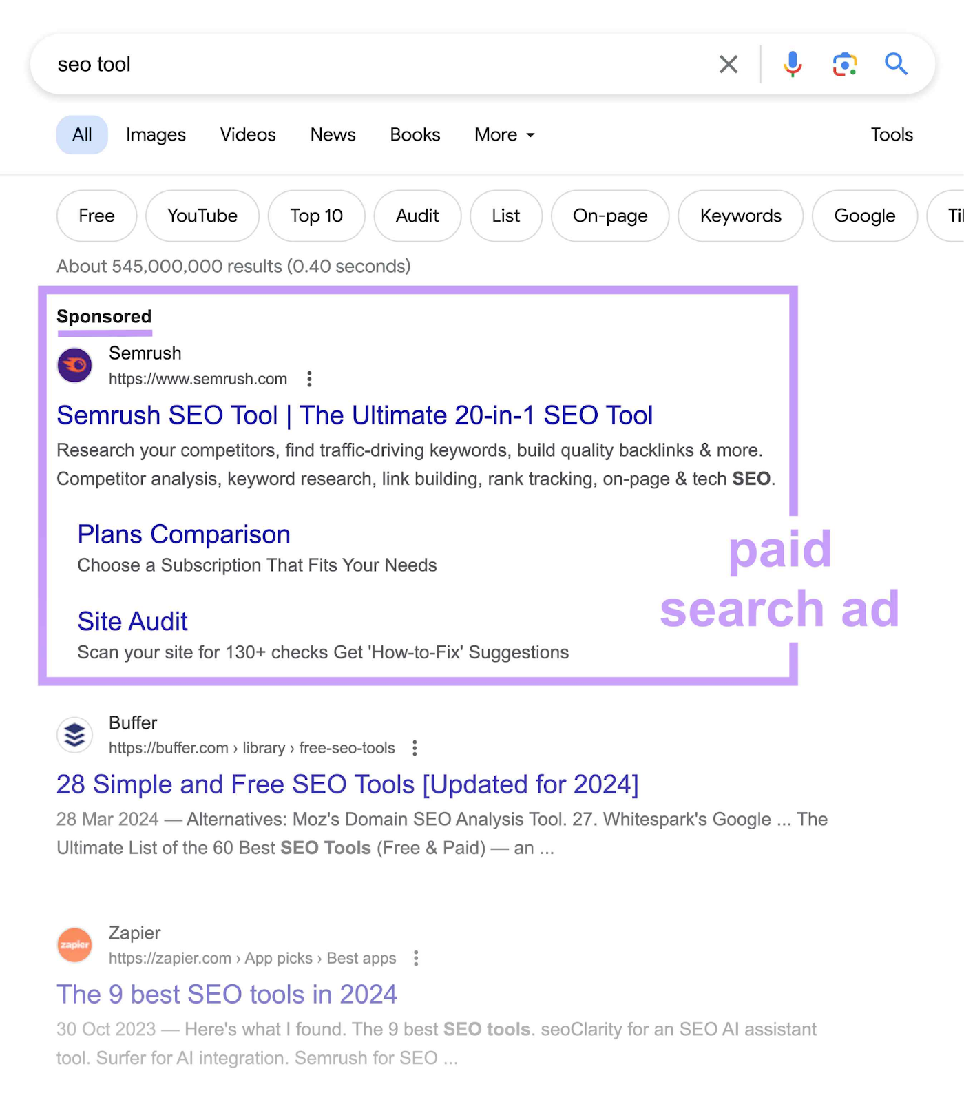 Google hunt  results for the keyword "seo tool" showing a paid hunt  result.