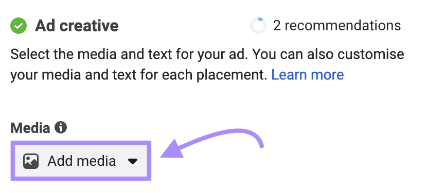 "Add media" button highlighted under the “Ad creative” section