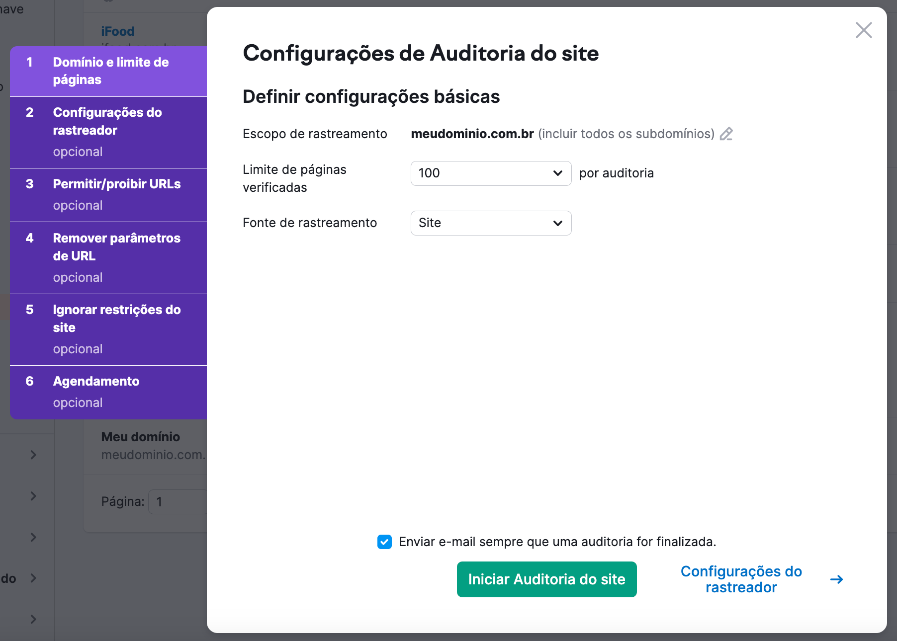 janela de configurações de auditoria do site