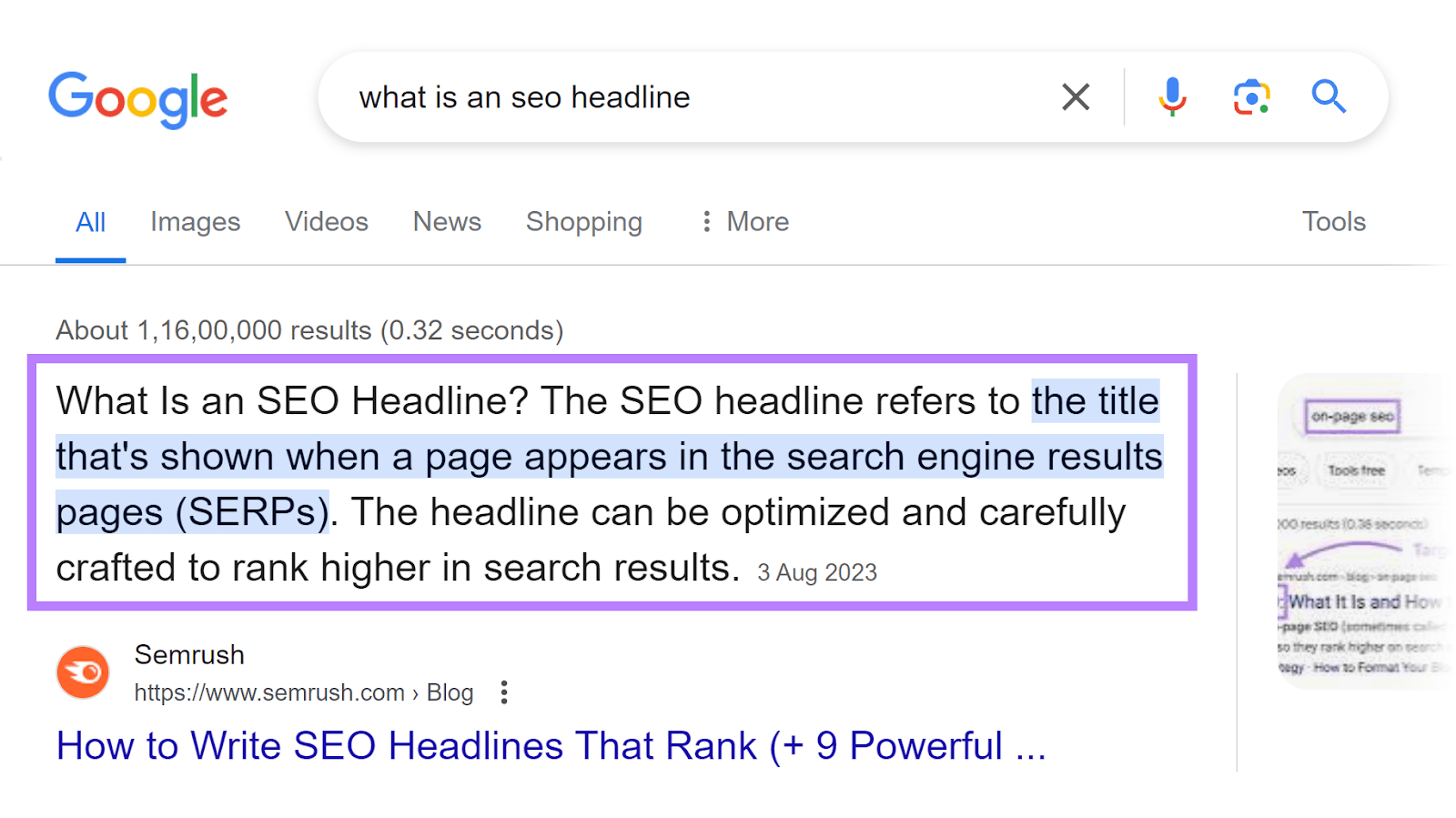 Google search results showing Semrush featured snippet for 'what is an seo headline' search.
