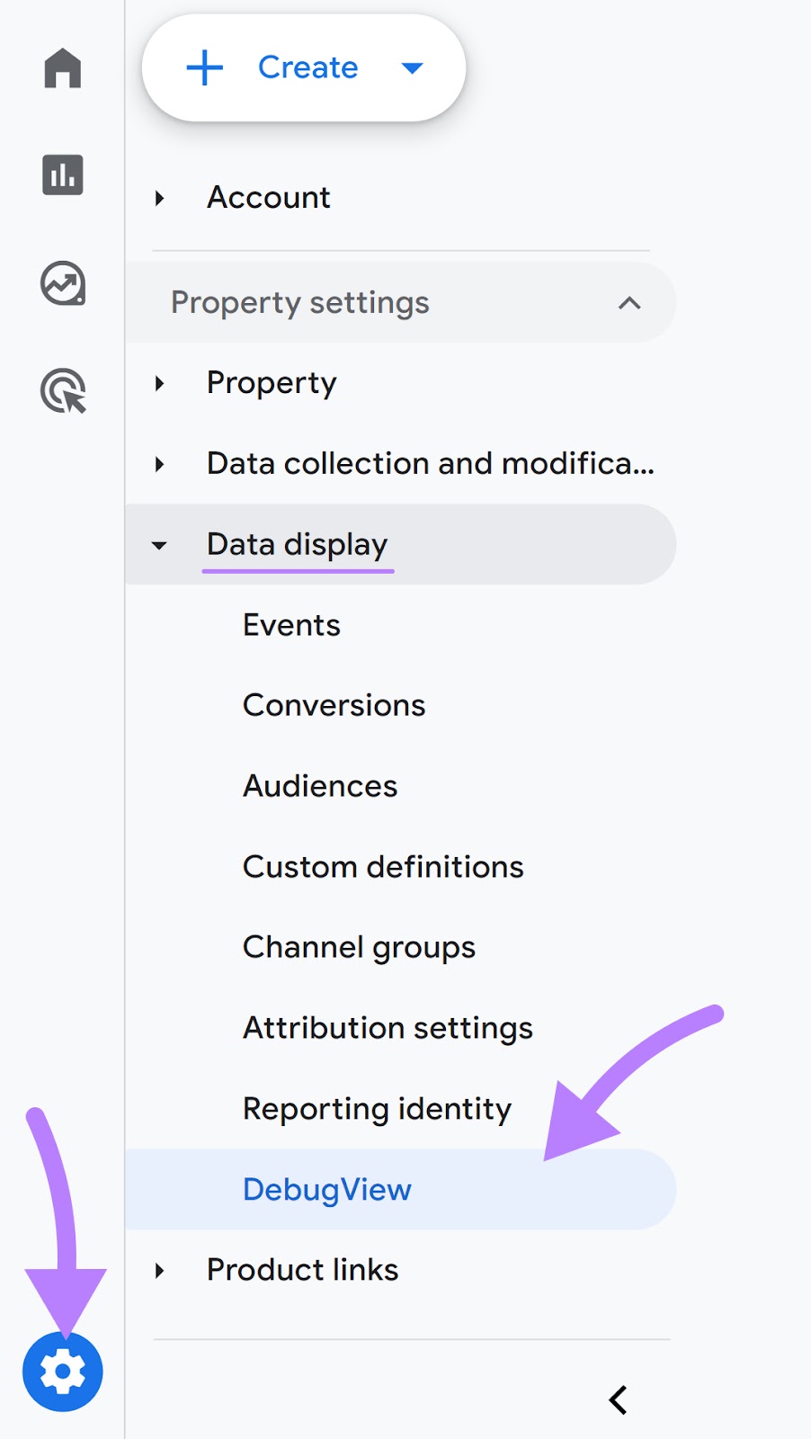 Navigating to "DebugView" in Google Analytics admin