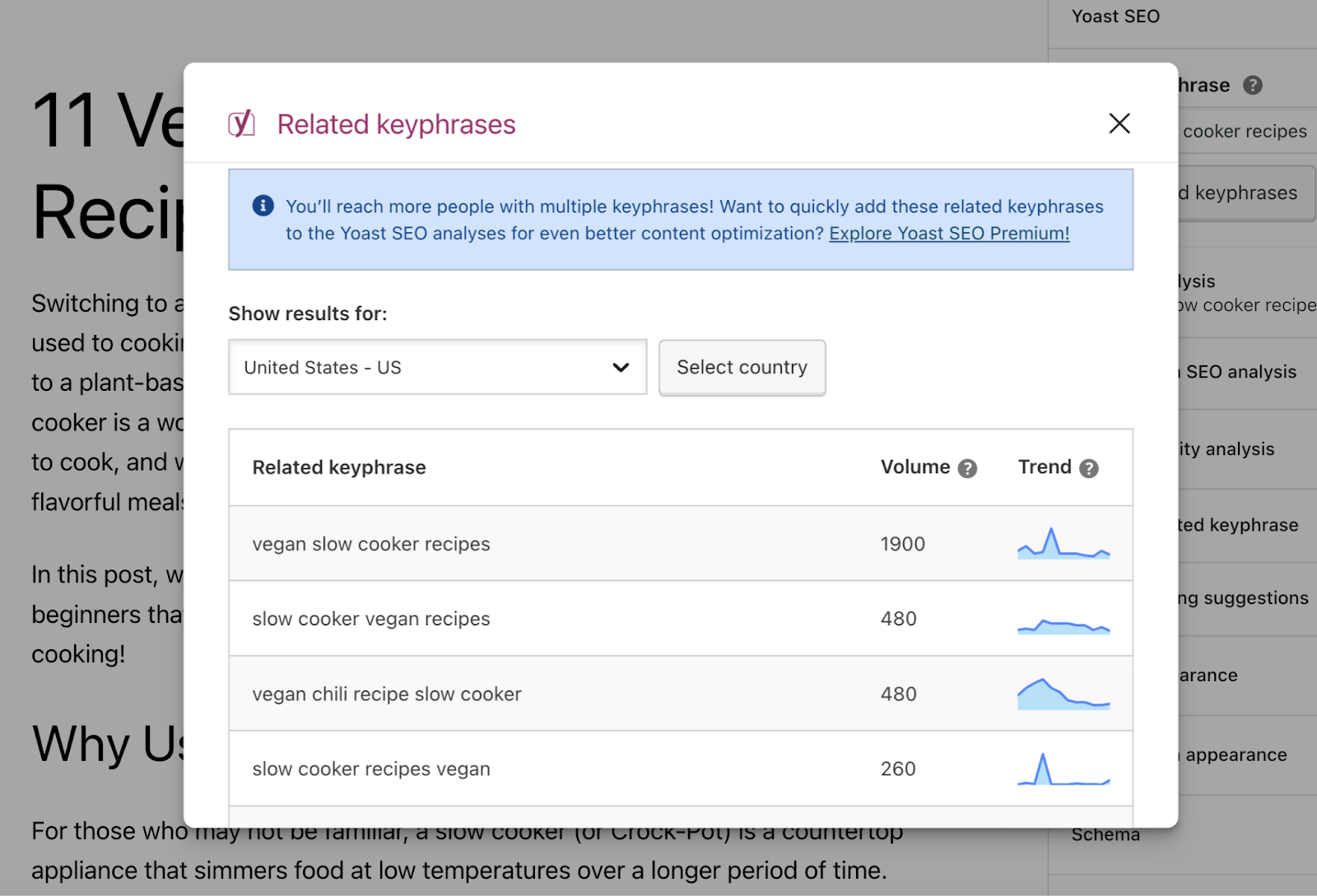 Semrush integration shows related keyphrases like vegan chili recipe slow cooker, slow cooker vegan recipes, and more