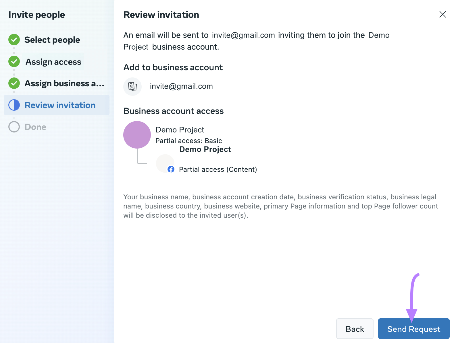 “Send Request” button highlighted under "Review invitation" window