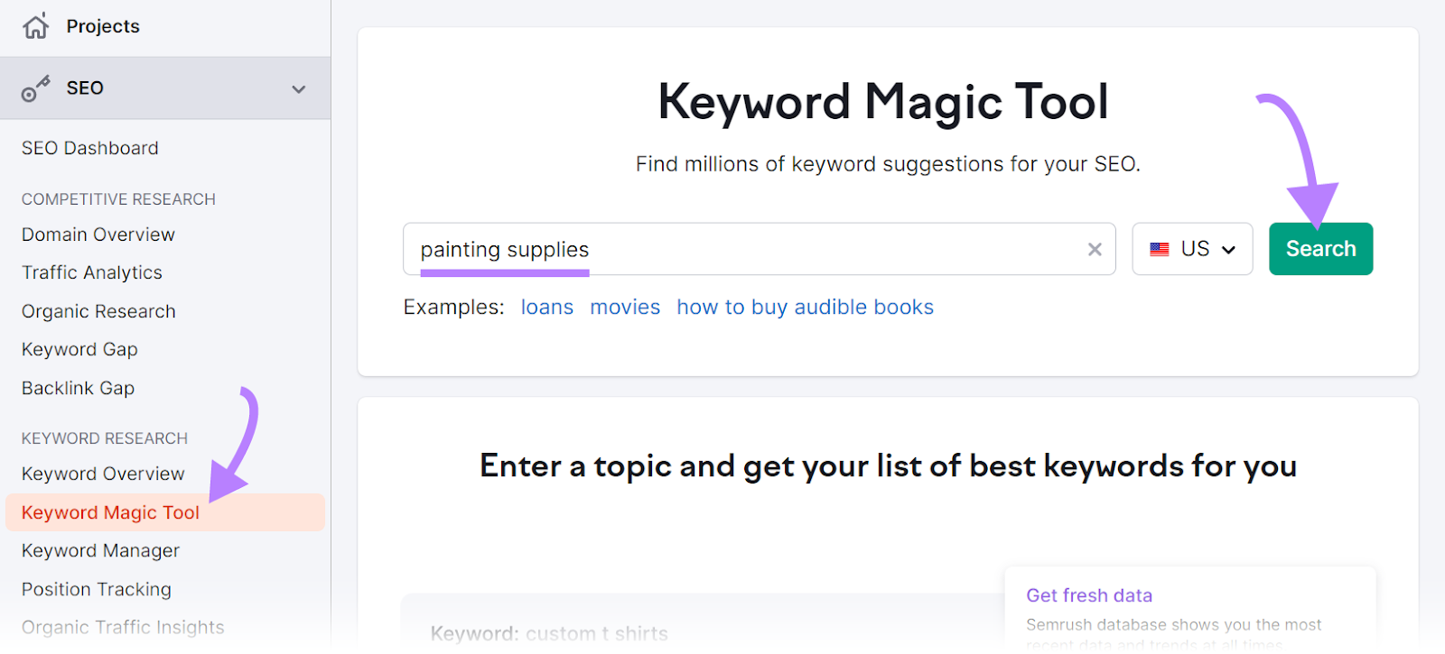 "painting supplies" entered into the Keyword Magic Tool hunt  bar