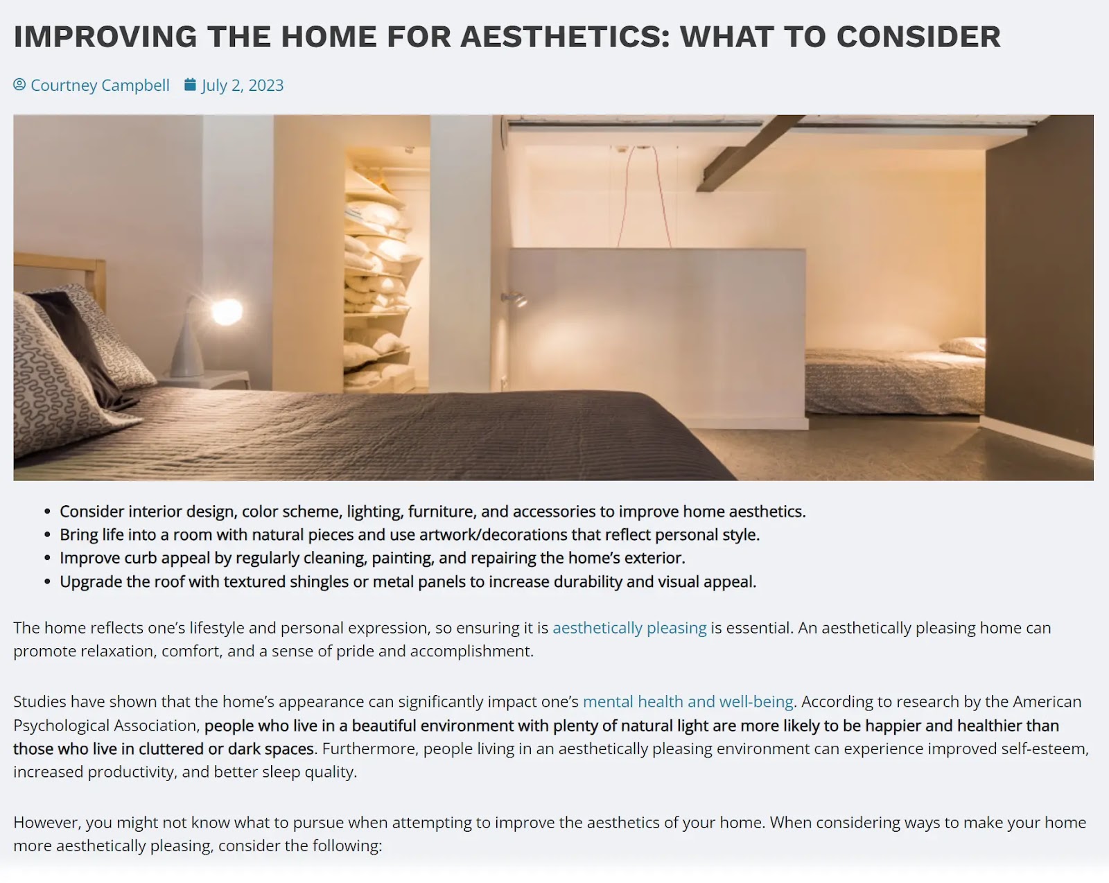 "Improving the home for aesthetics: what to consider" article page