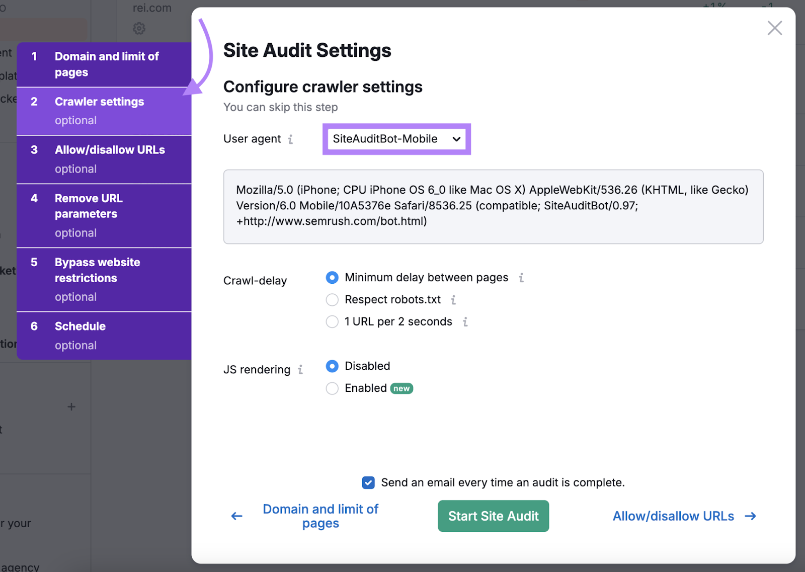 Site Audit crawler settings