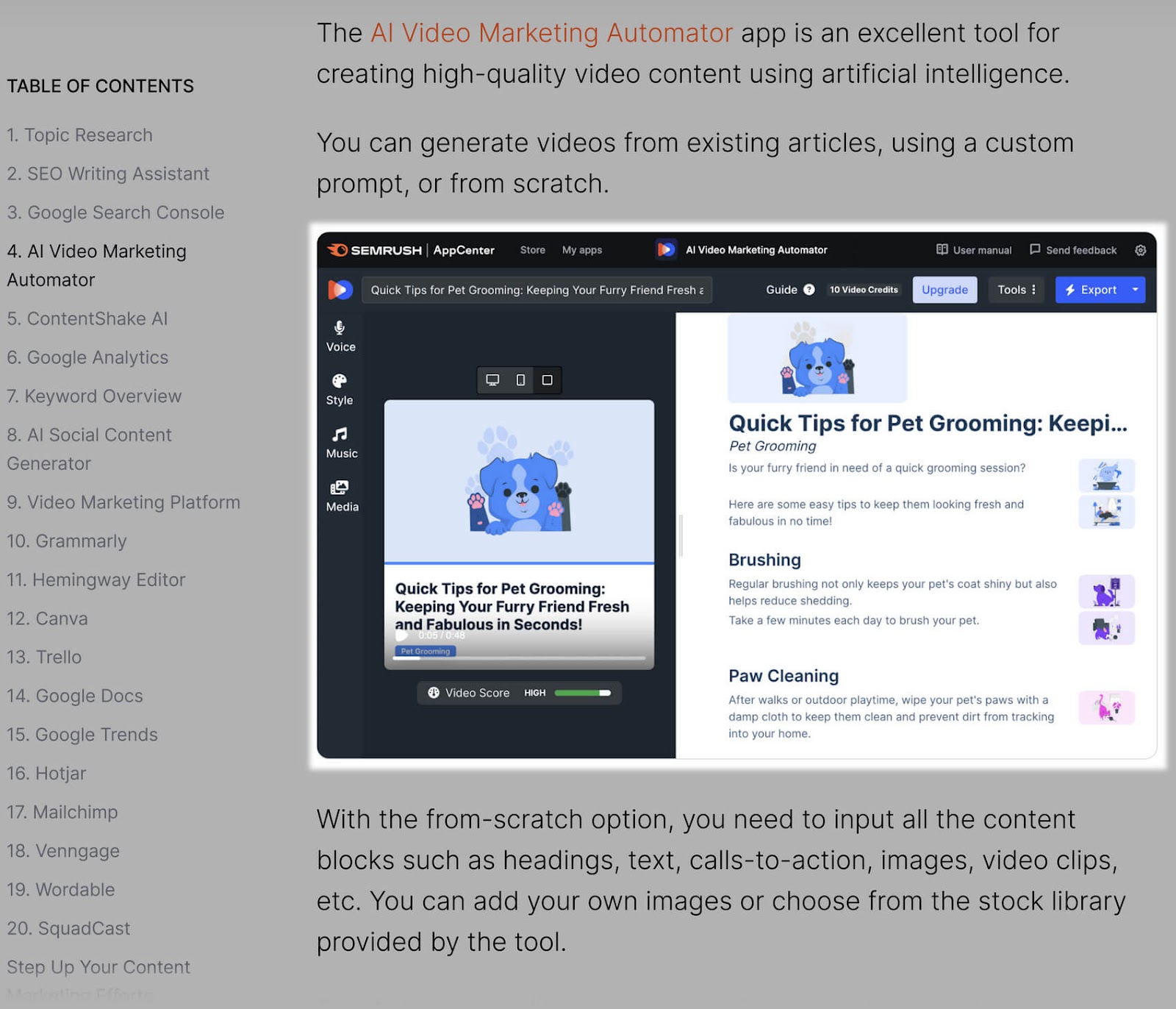 Blog section showing, in a highlight, a screenshot of the AI Video Marketing Automator app interface.