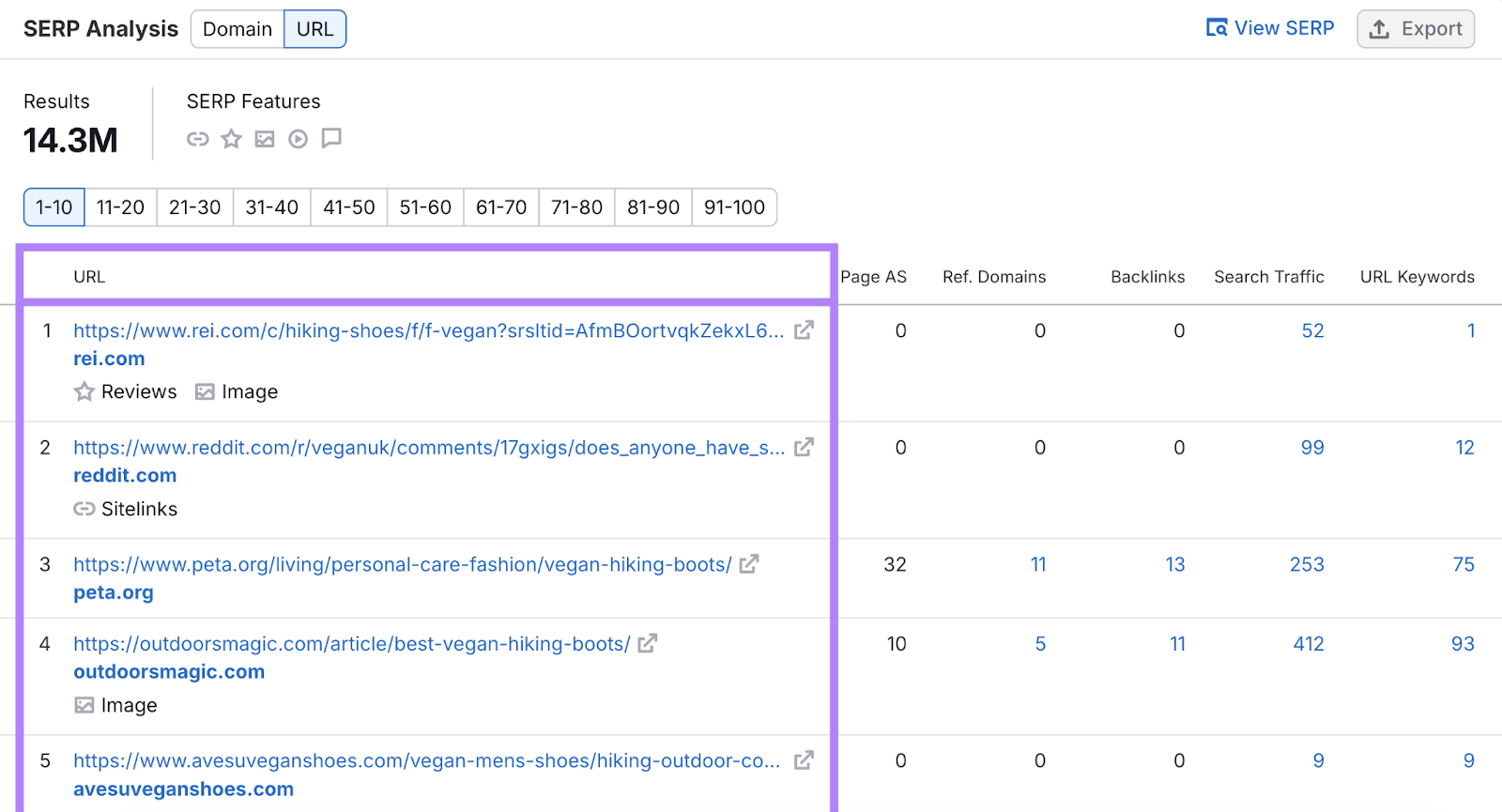 SERP Analysis shows top ranking URLs for that keyword and rich results shown