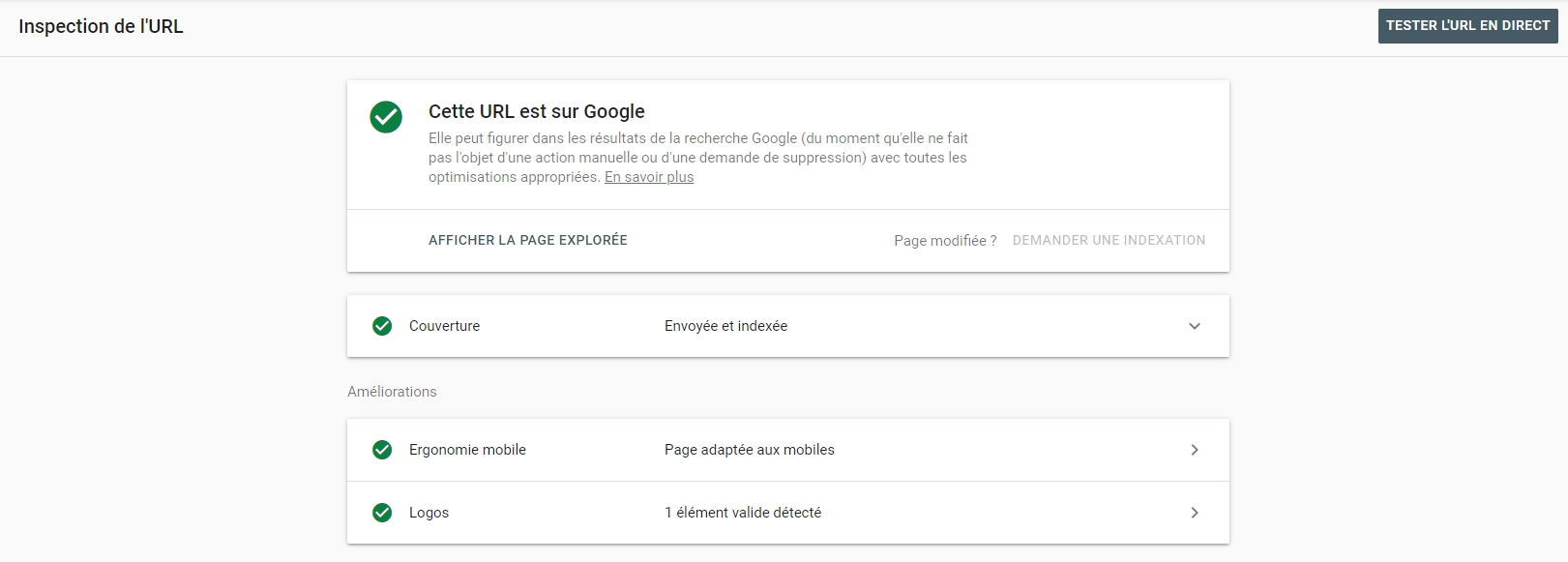 Google Search Console, Inspection de l'url