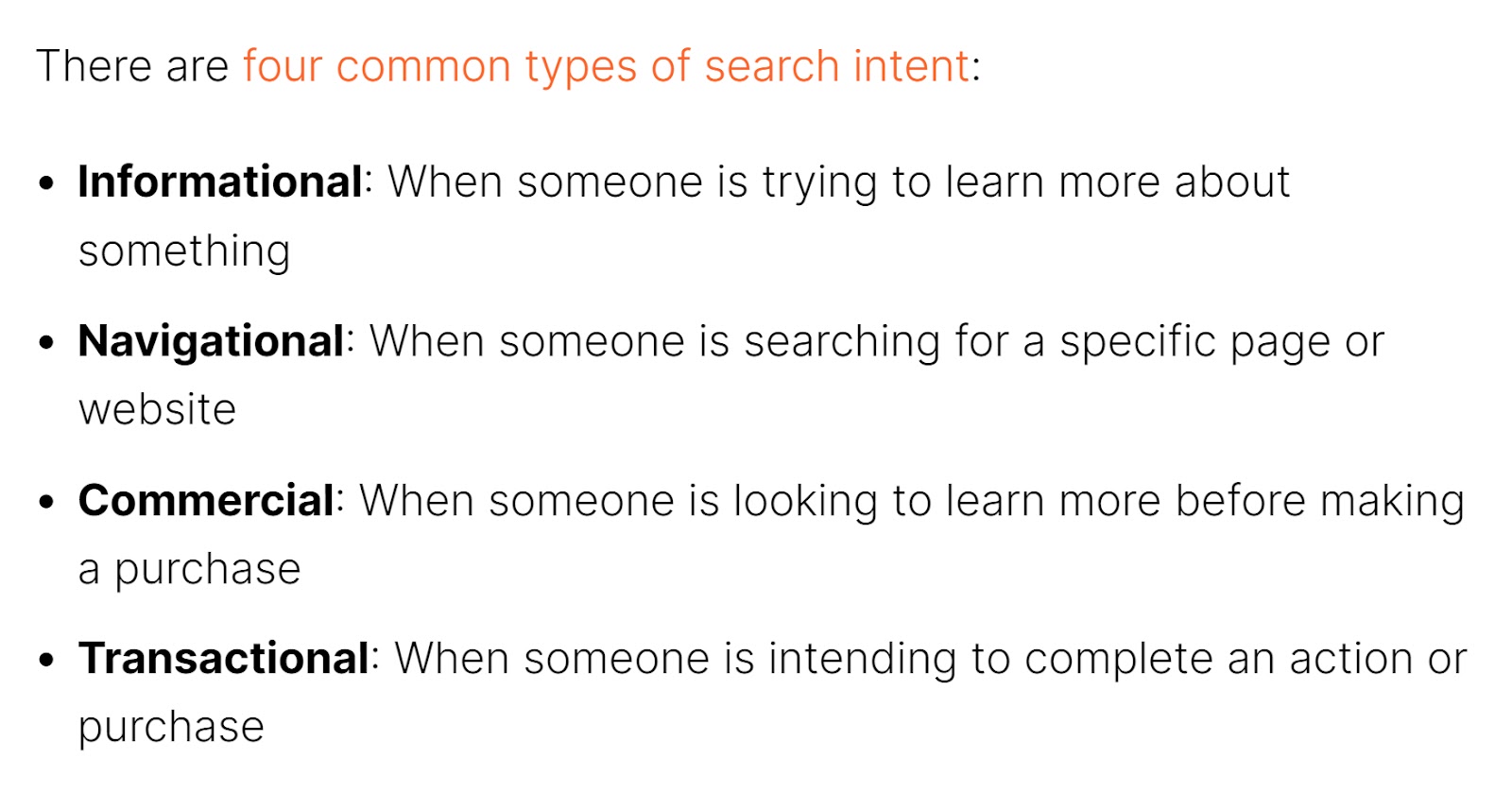 Bullet point list section of a Semrush article showing the four common types of search intent.