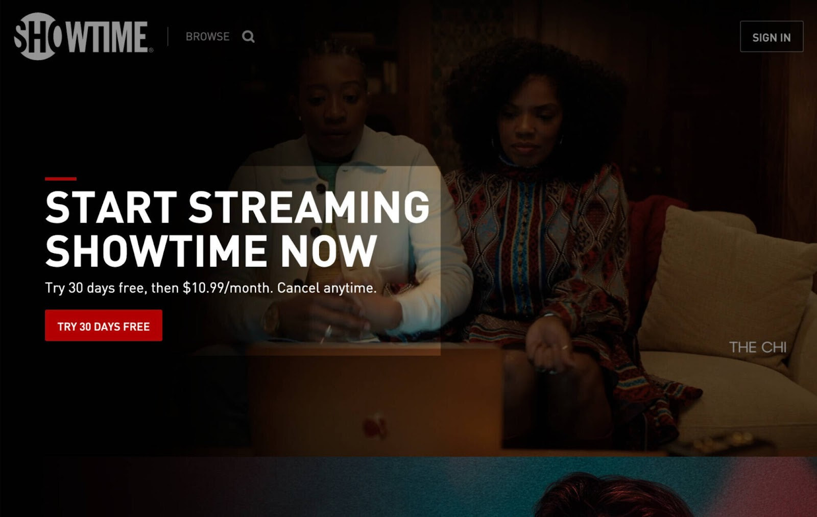 Show time's landing page with the headline: "Start Streaming Showtime Now"