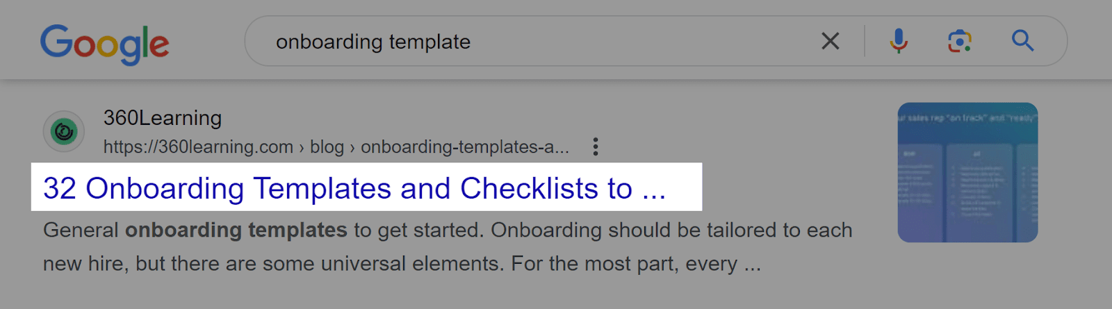 Example of truncated headline of 'onboarding template' Google search.