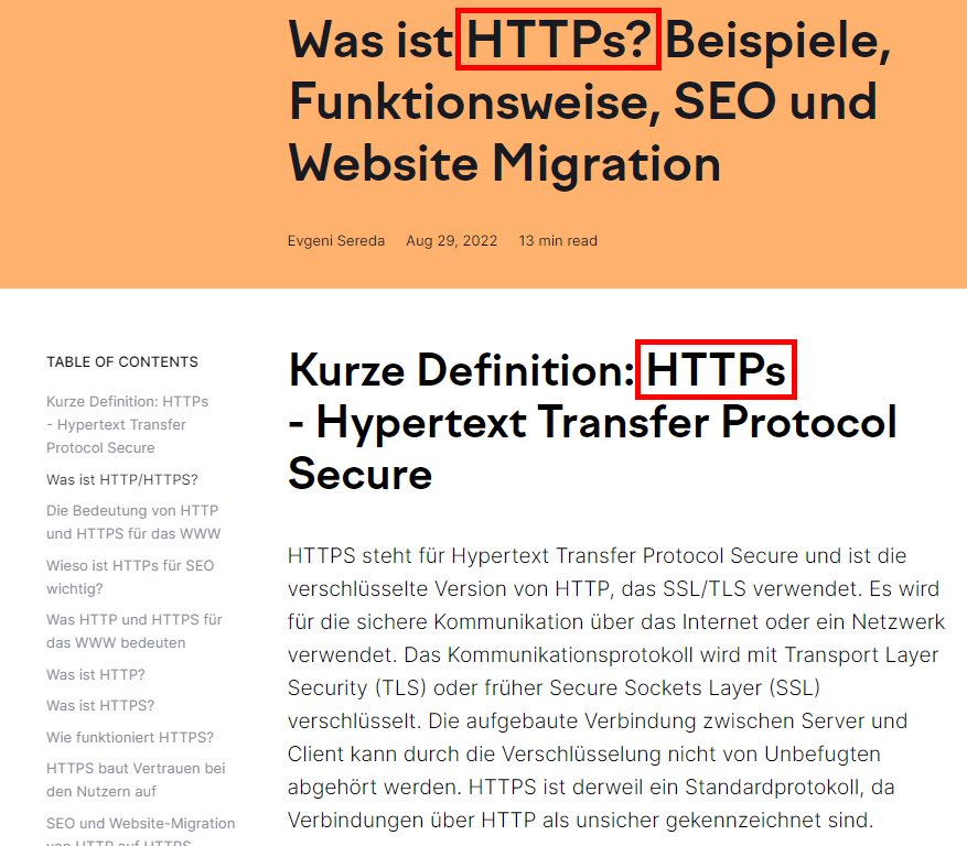 Screenshot: Keyword in Haupt- und Zwischenüberschrift