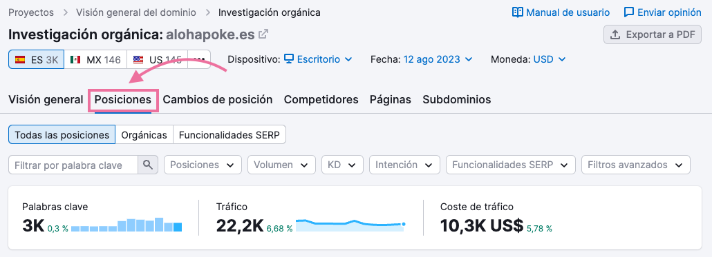 Pestaña Posiciones en Investigación orgánica