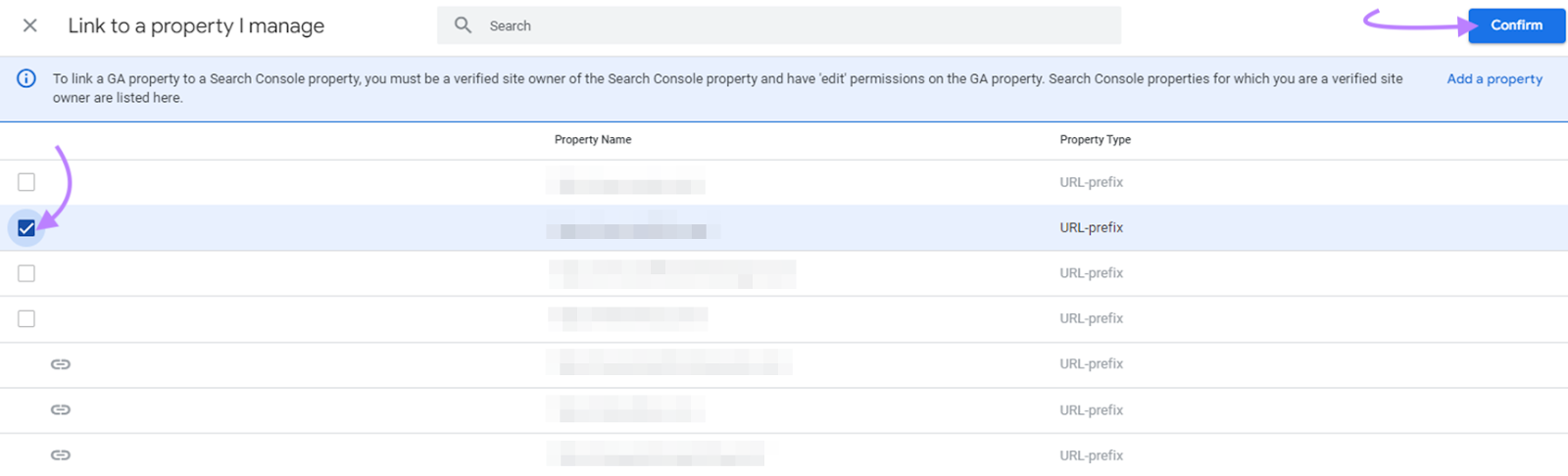 Select the GSC property you want to connect to Google Analytics