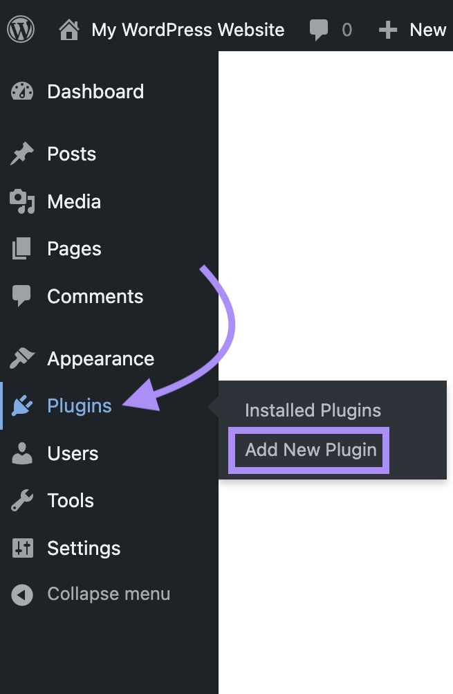 "Add New Plugin" button in WordPress menu