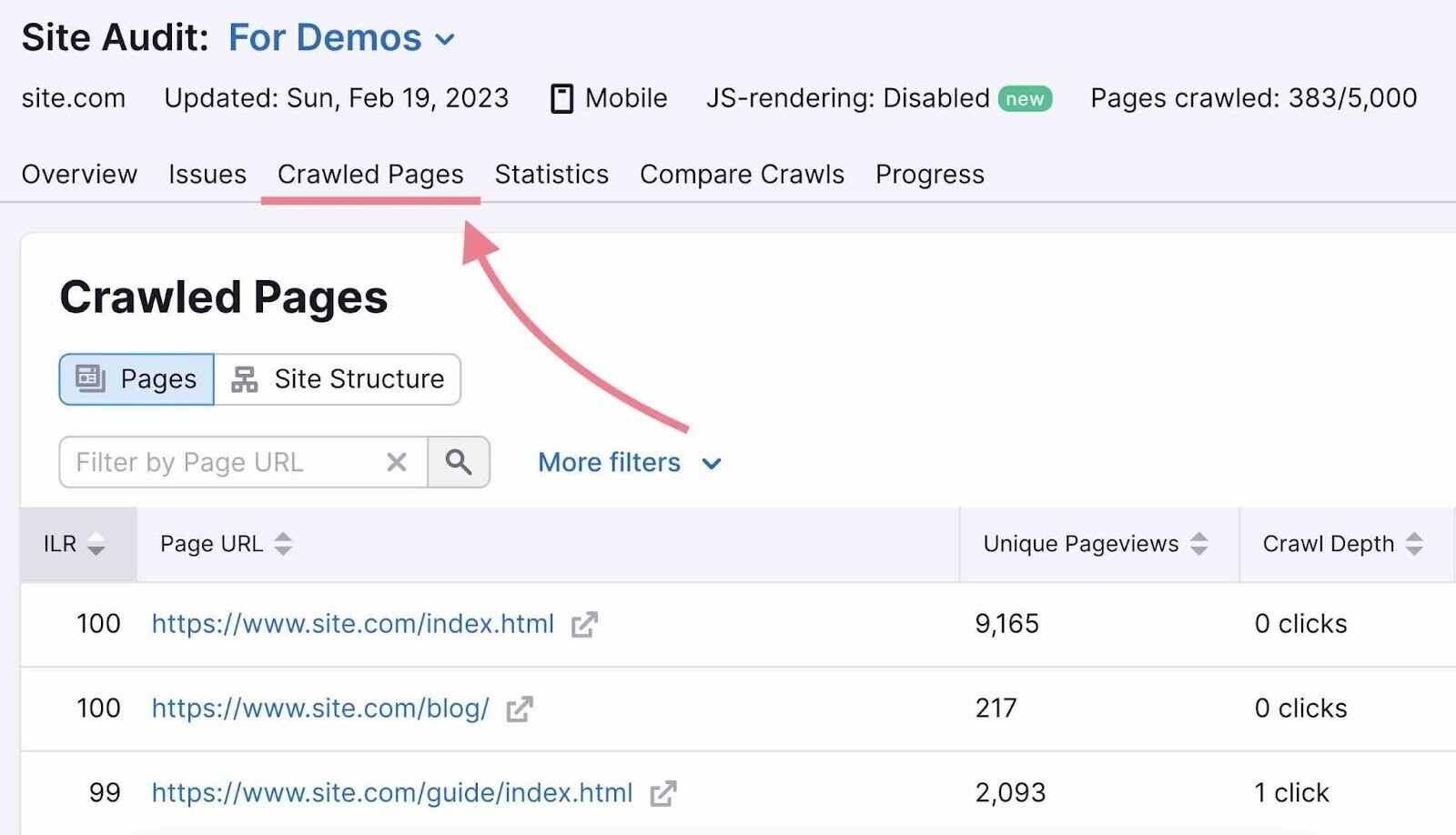 navigating to the "Crawled Pages" tab on Site Audit