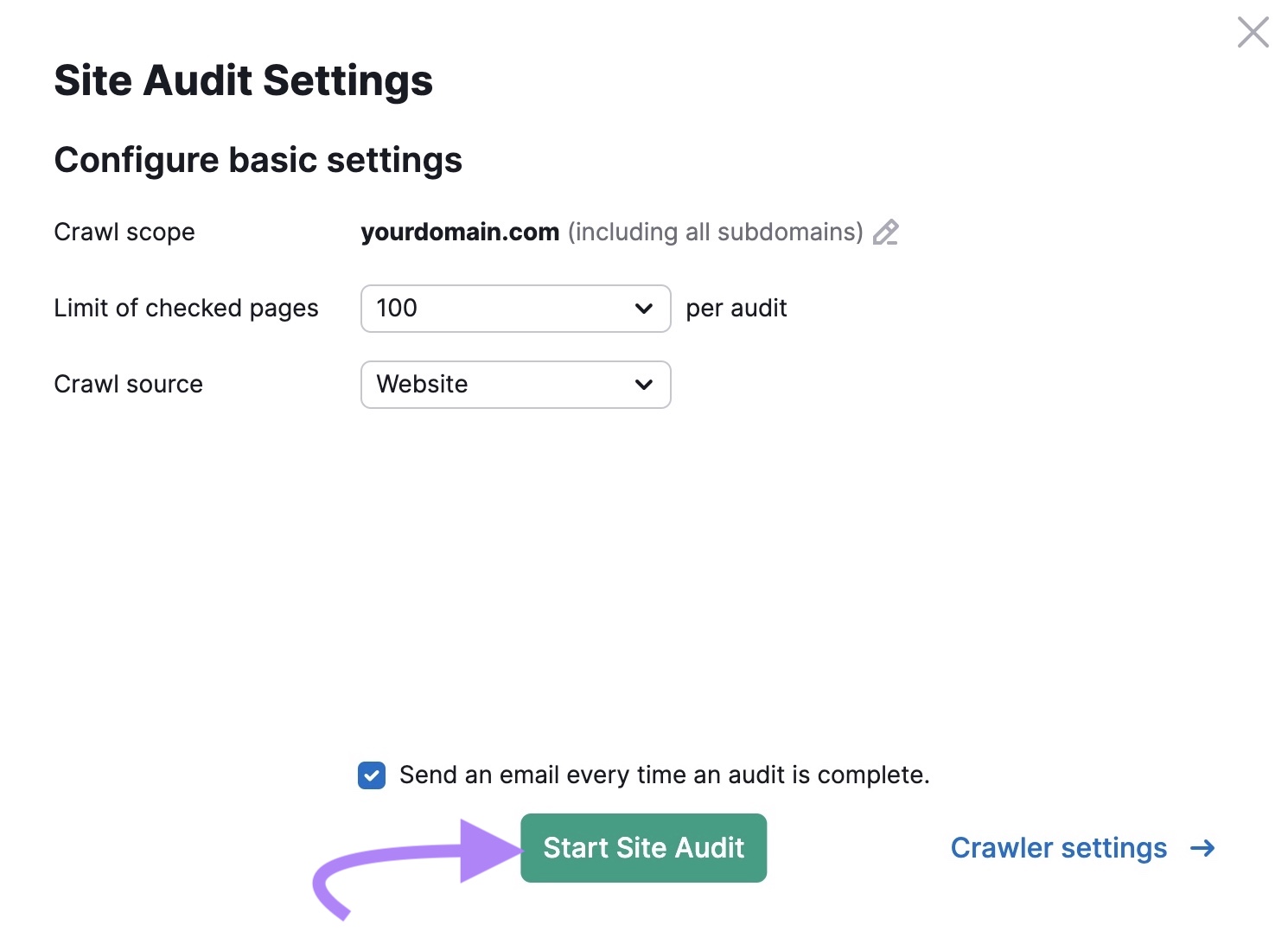 Site Audit settings page with the 'Start Site Audit' button clicked.