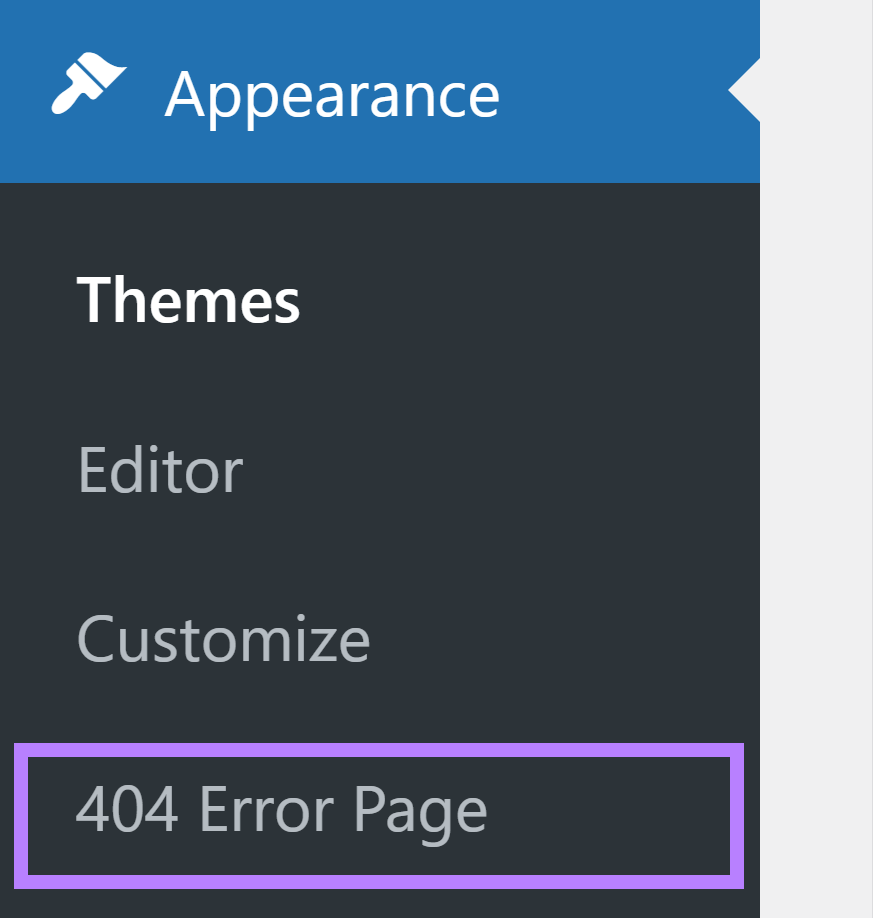 WordPress side menu showing option to change 404 Error Page.
