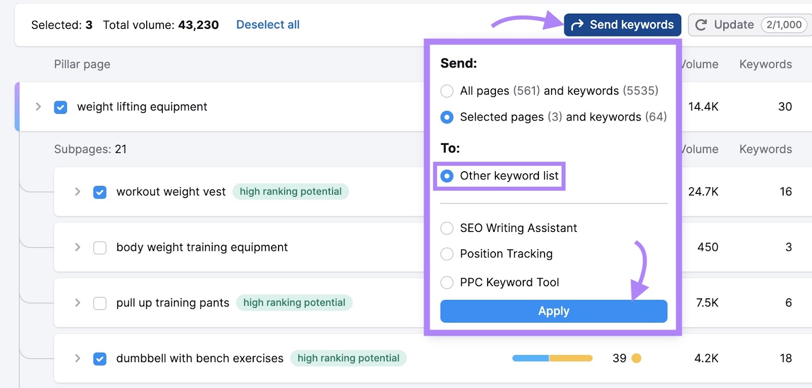 “Send keywords” clicked, "Other keyword list" selected and “Apply” clicked as well on Keyword Strategy Builder.