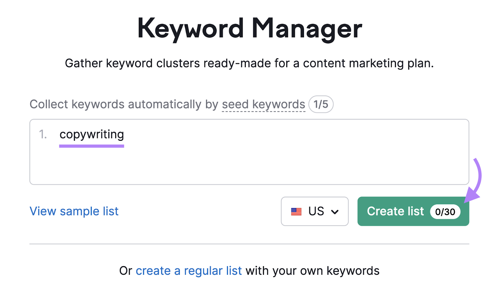 "copywriting" entered into the Keyword Manager hunt  box