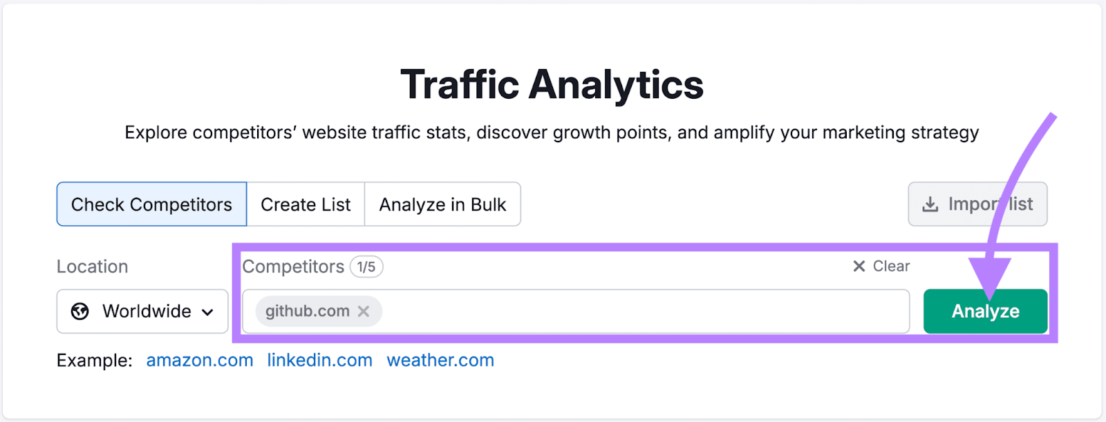 Semrush Traffic Analytics start page with "github.com" in the search bar