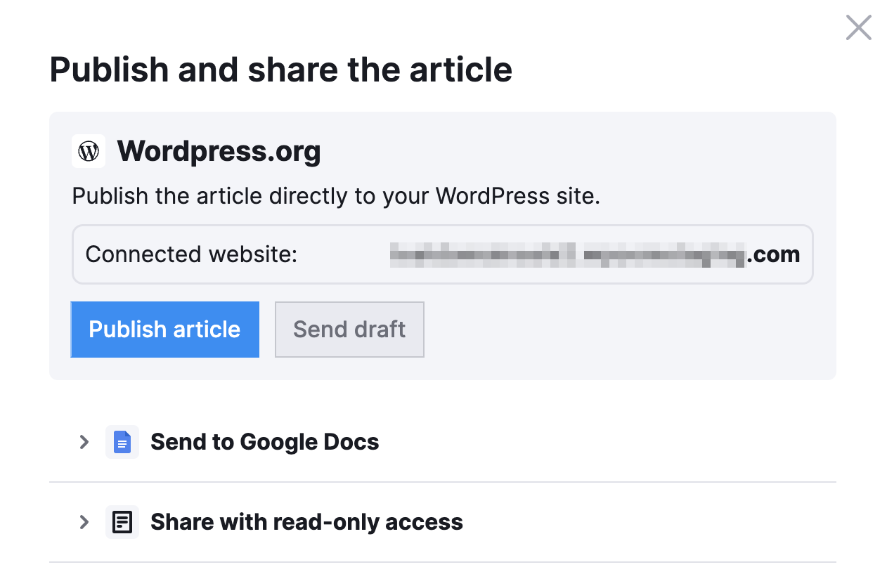 "Publish and share the article" window in ContentShake AI