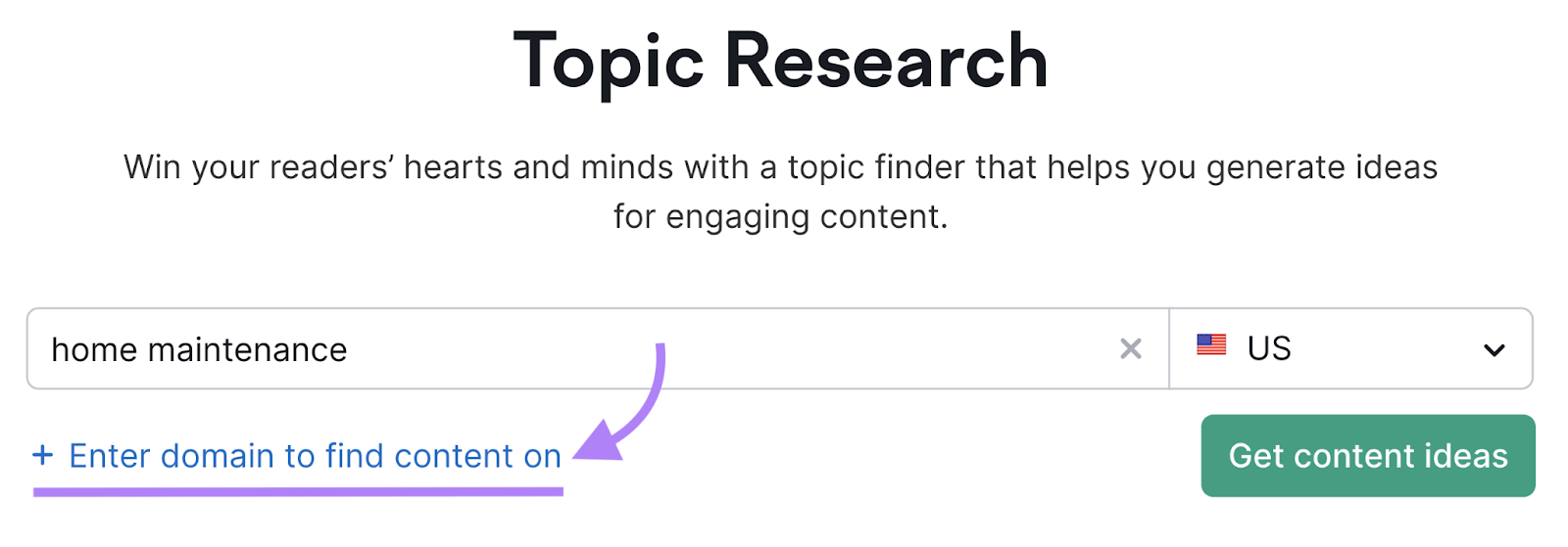 “+ Enter domain to find content on” link shown in Topic Research