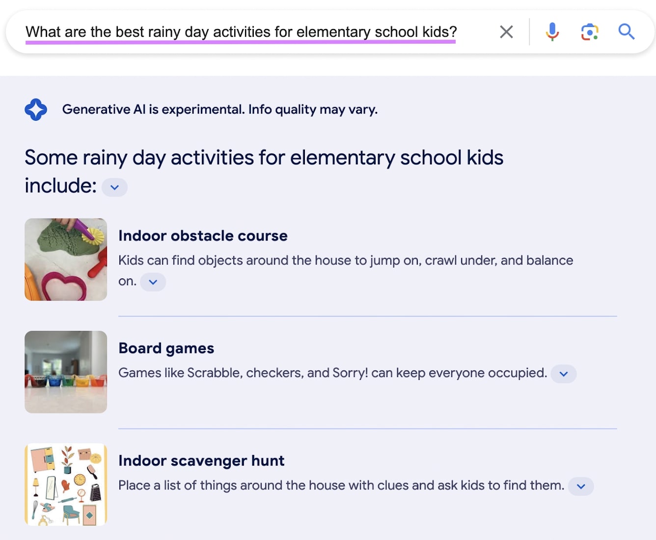 Google generative AI's response to "What are the best rainy day activities for elementary school kids?" prompt