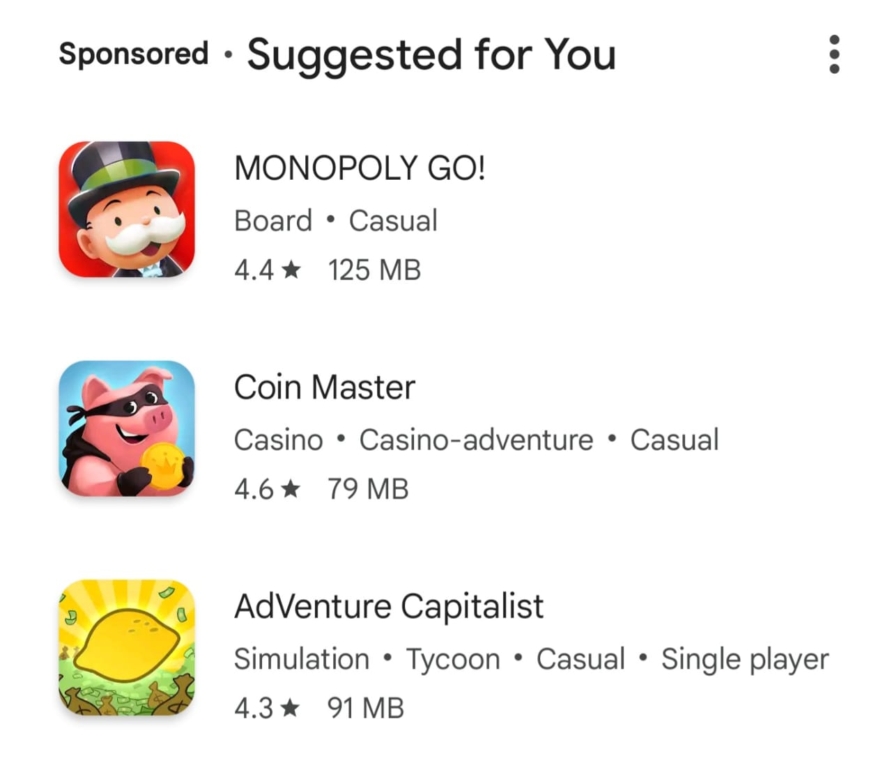 sponsored app section shows three phone games suggested for you