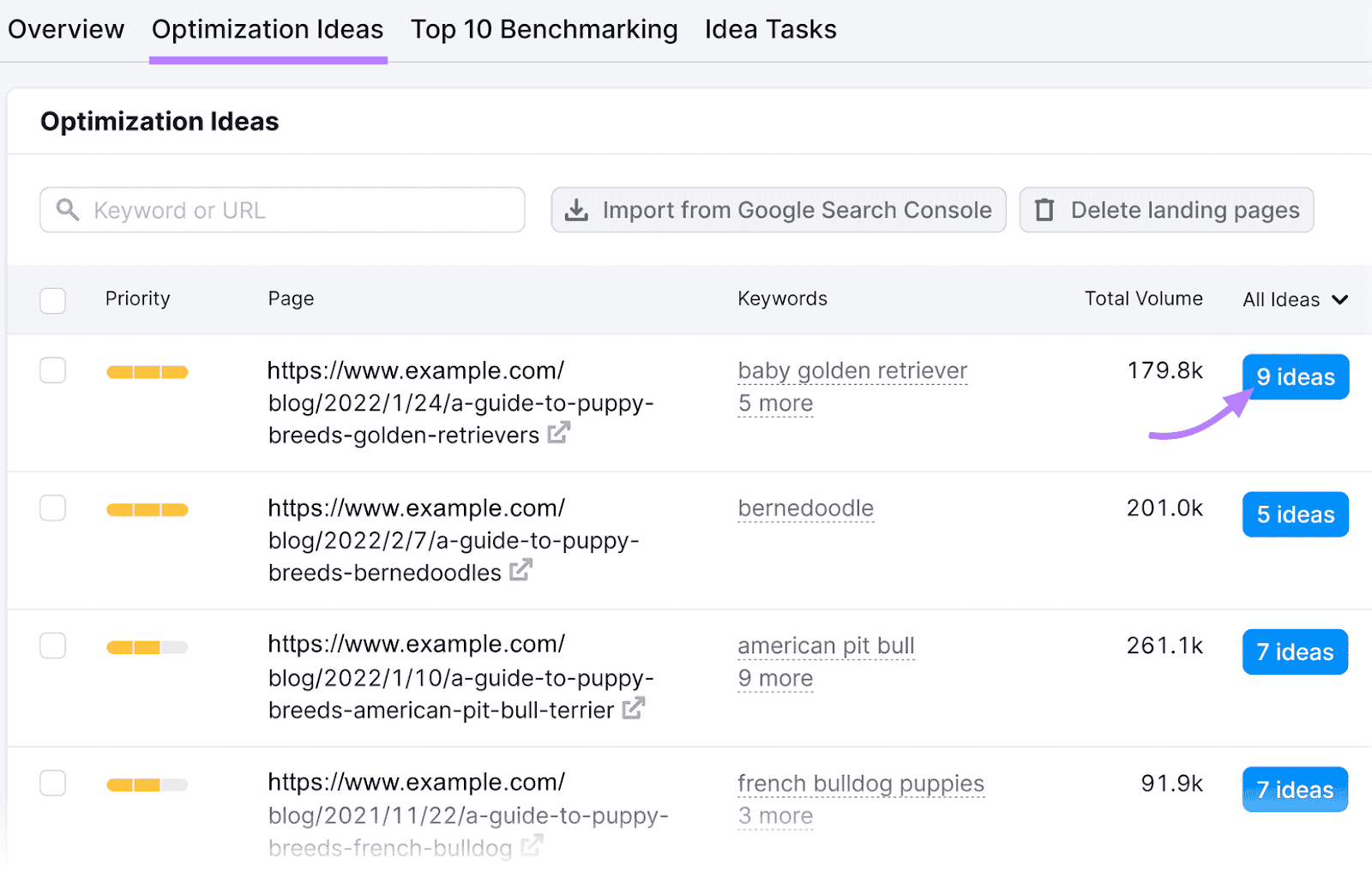 “Optimization Ideas” tab, showing data entries and two buttons indicating "# ideas," one of which is highlighted in purple.