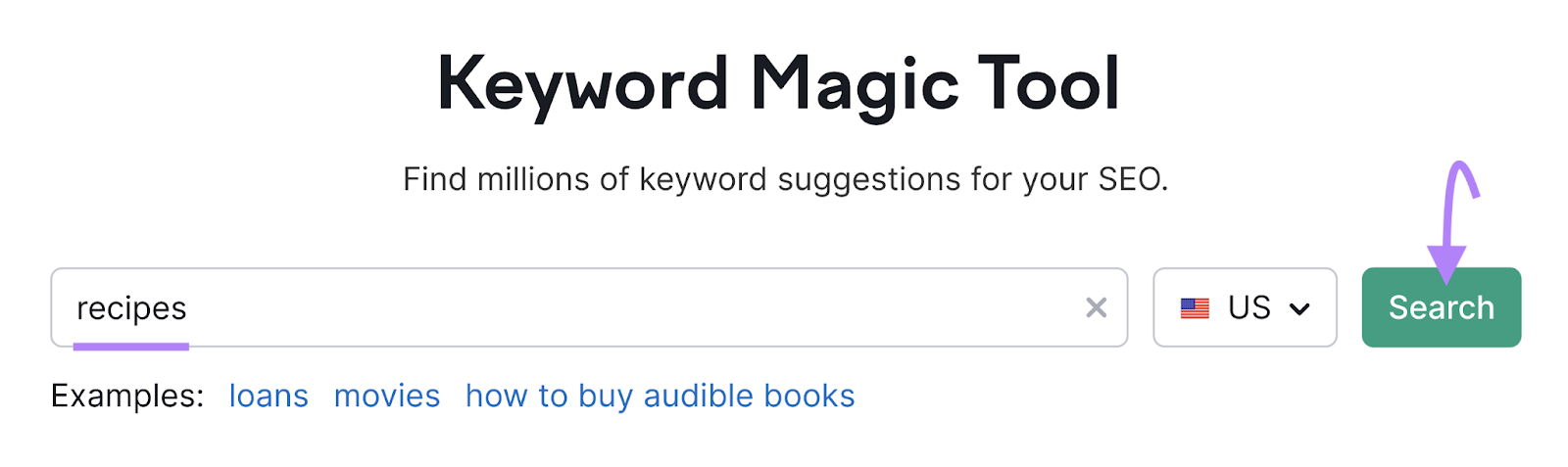 "recipes" entered into the Keyword Magic Tool search bar