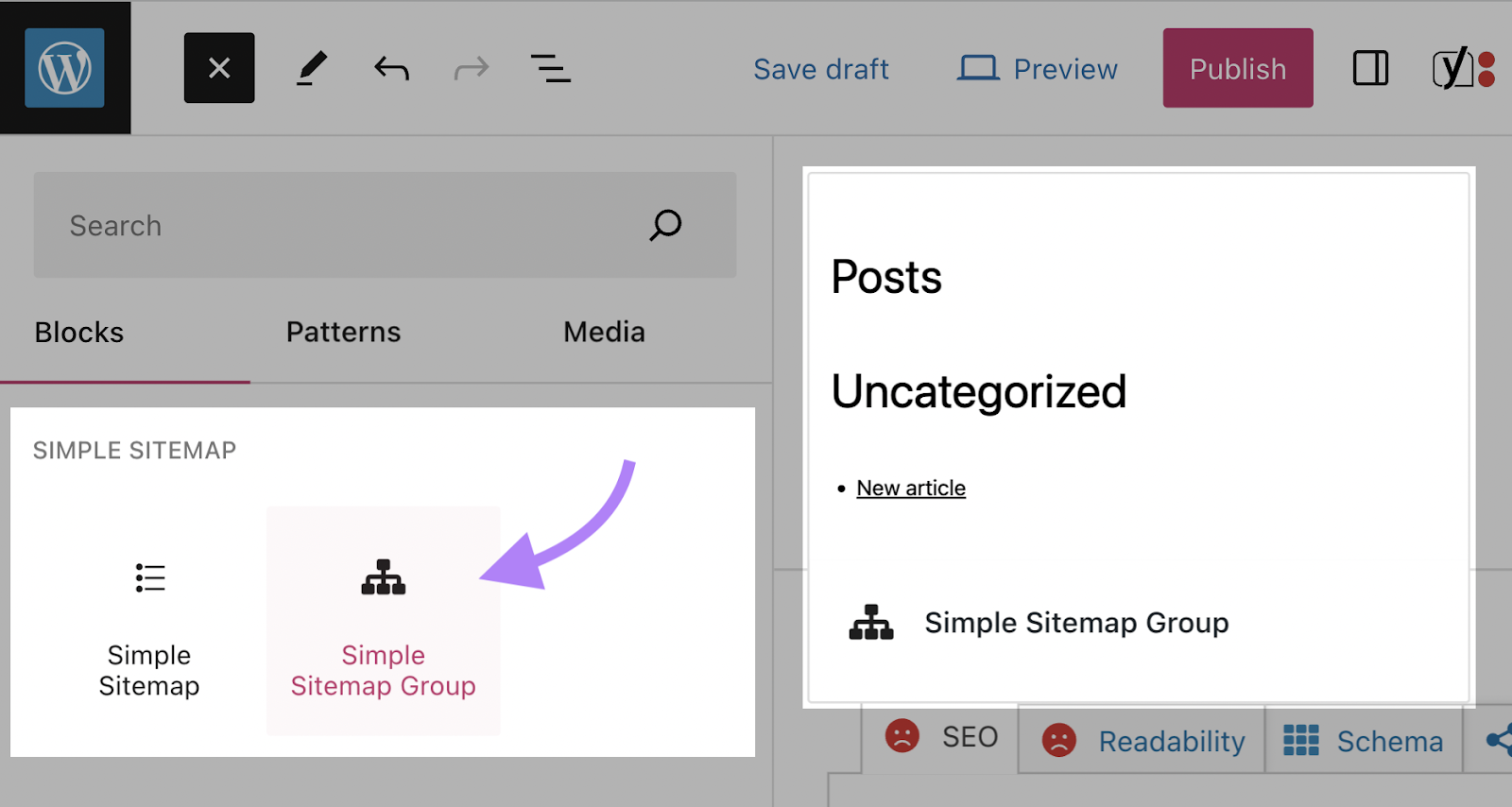 clicking "Simple Sitemap Group" automatically generates a sitemap for your website