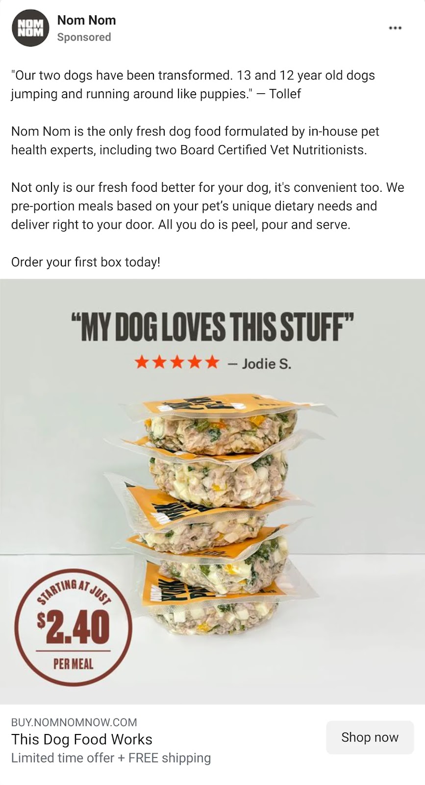 Nom Nom's Facebook ad for premium dog food