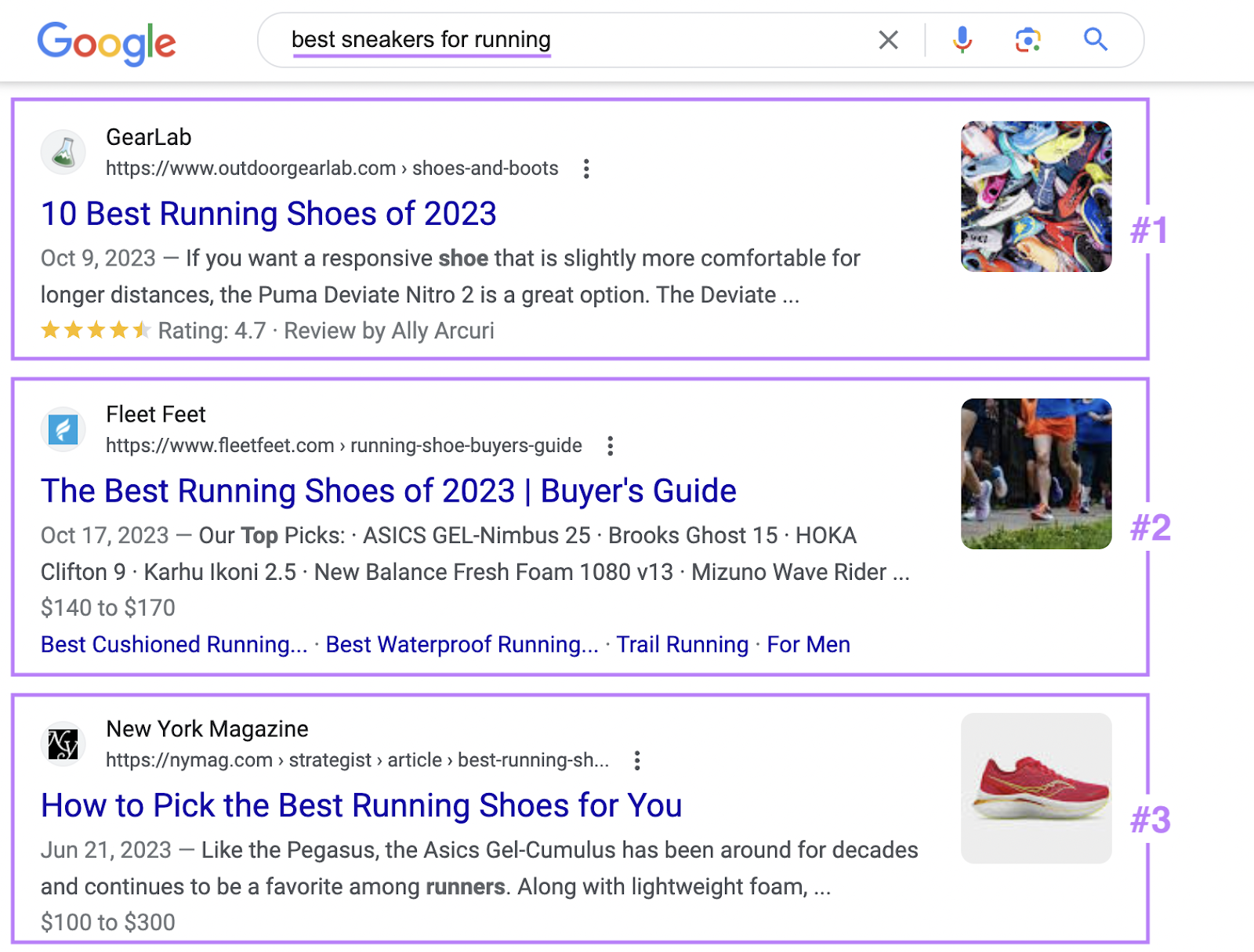 Google's SERP for "best sneakers for running"