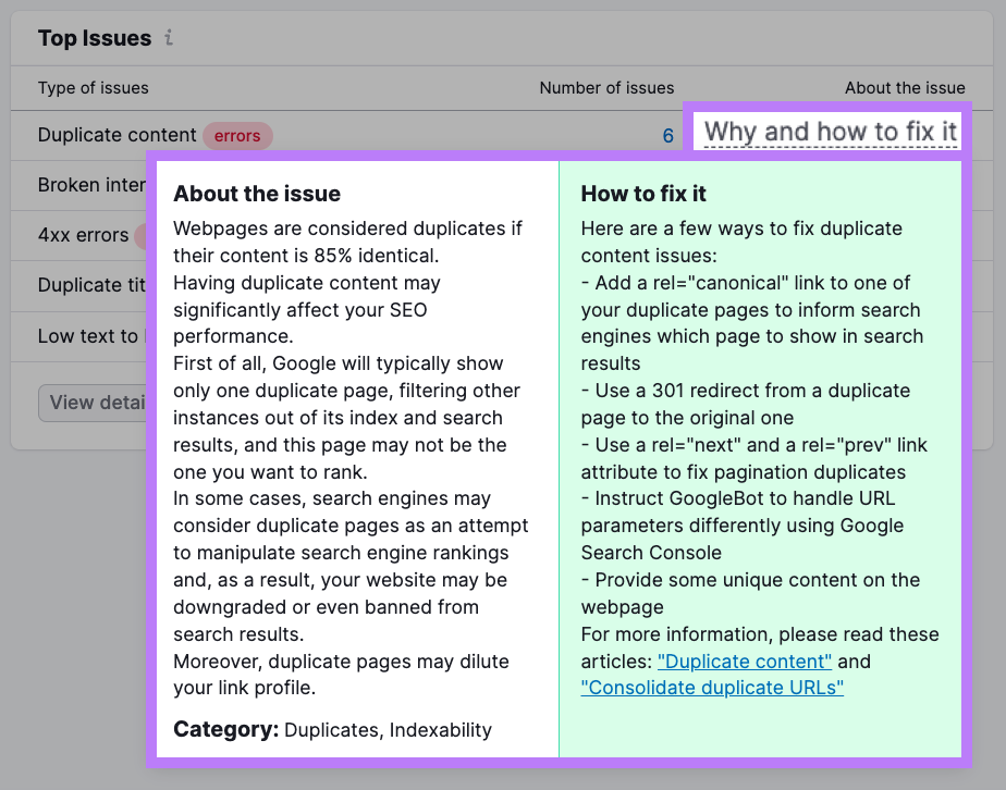 An example of "Why and how to fix it" section in Site Audit