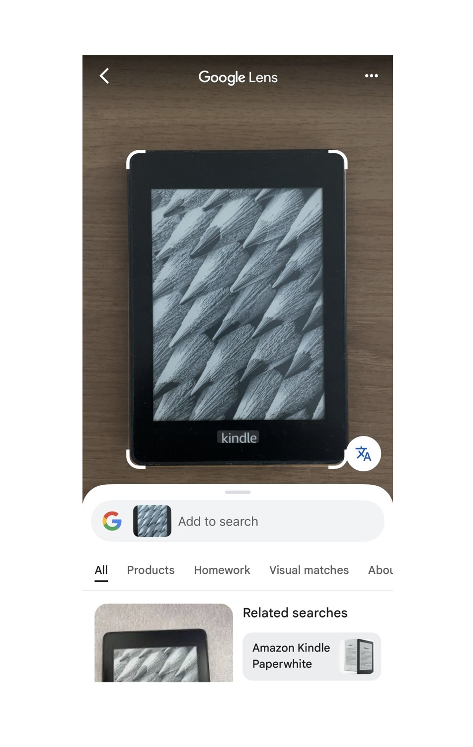 Google Lens interface with an image isolated by the app and a list of relevant image results appearing below.