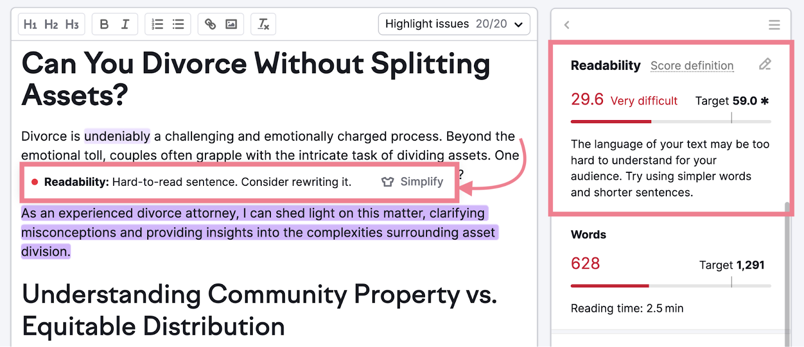 "Readability" issue highlighted in text and "Readability" score in the right-hand side of the screen in SEO Writing Assistant