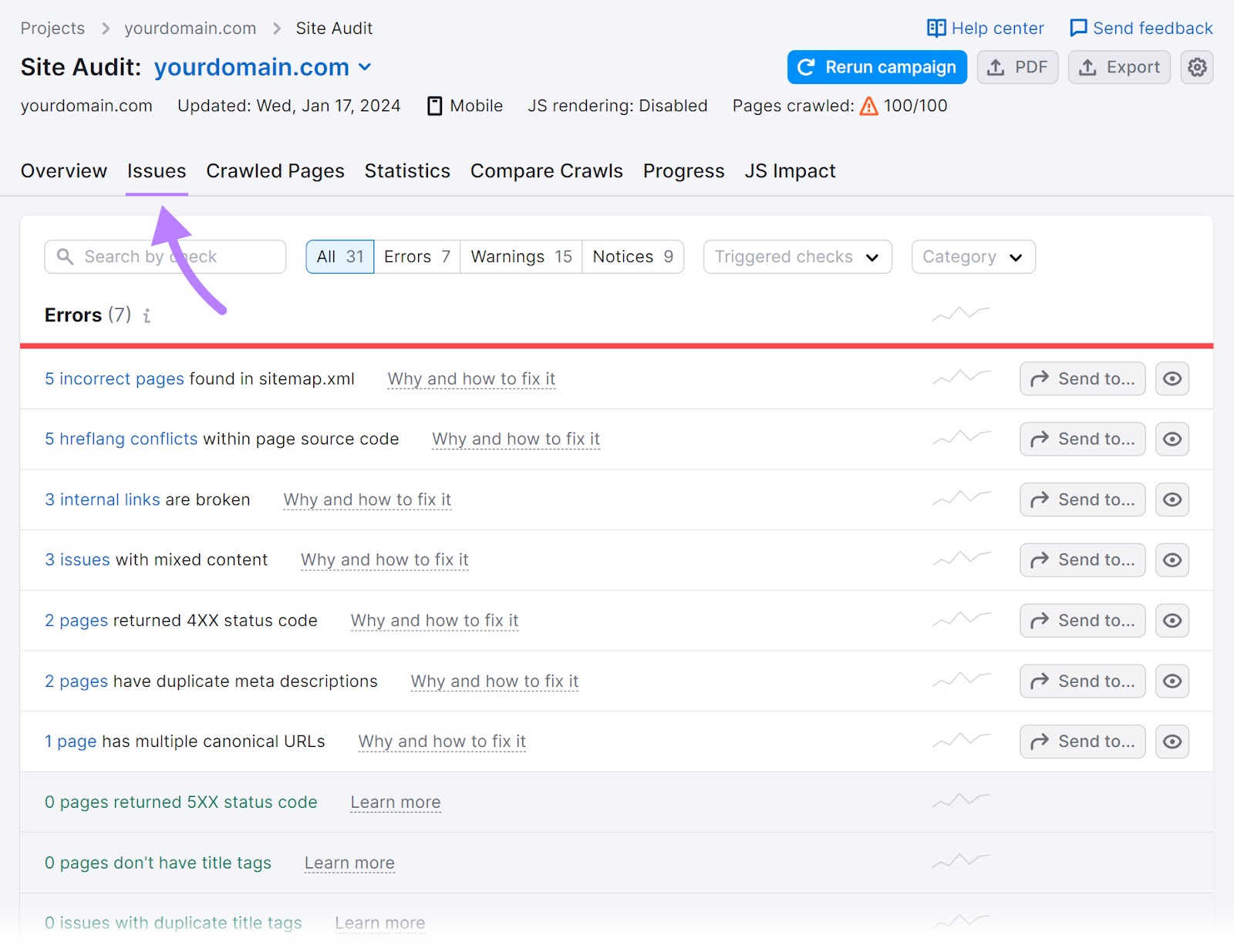 "Issues" tab in Site Audit tool